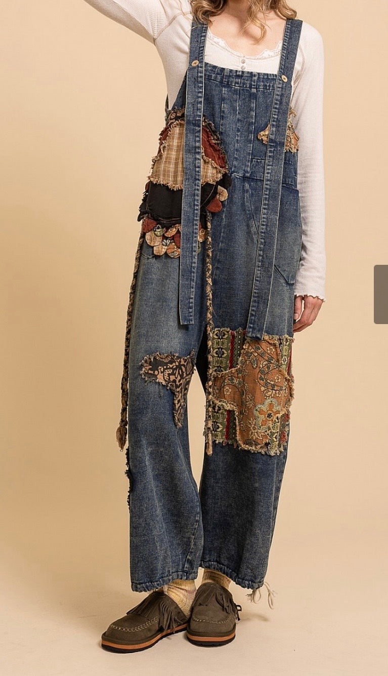 Patchwork Slouchy Denim Bib Overalls - PREORDER ARRIVING 9/2/26