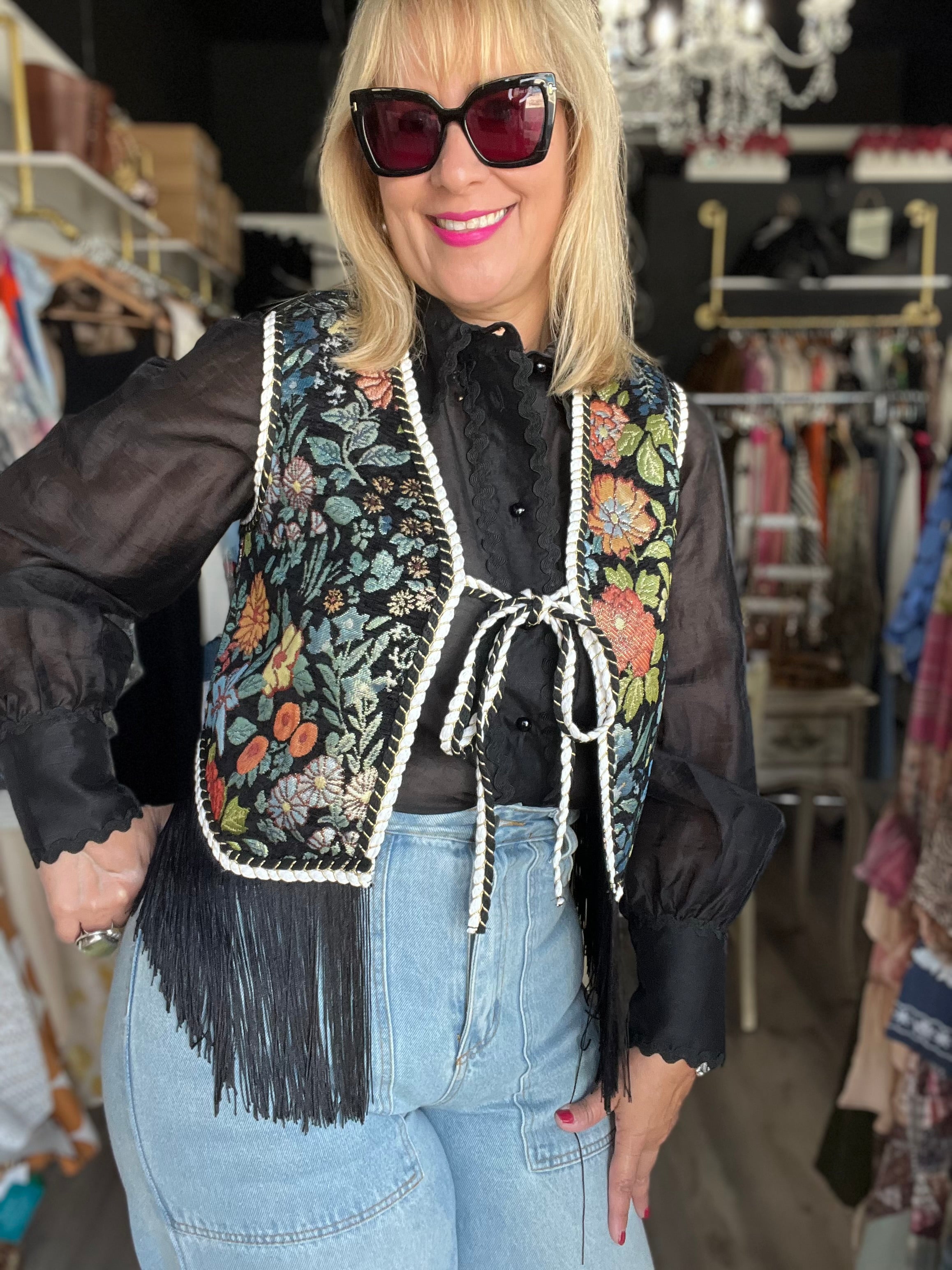 Floral Embroidery Front Tie Vest