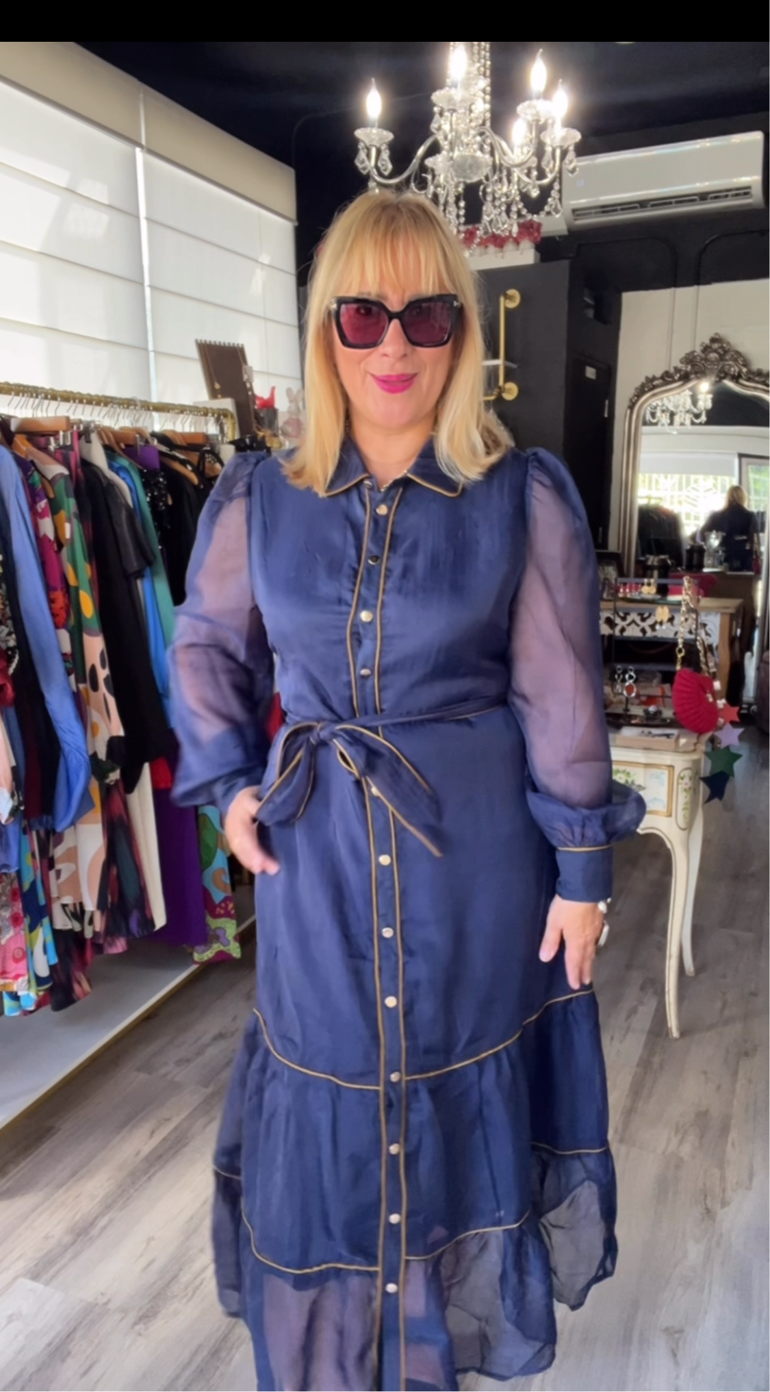 Navy Blue Sheer button down long cuff sleeves long dress with belt