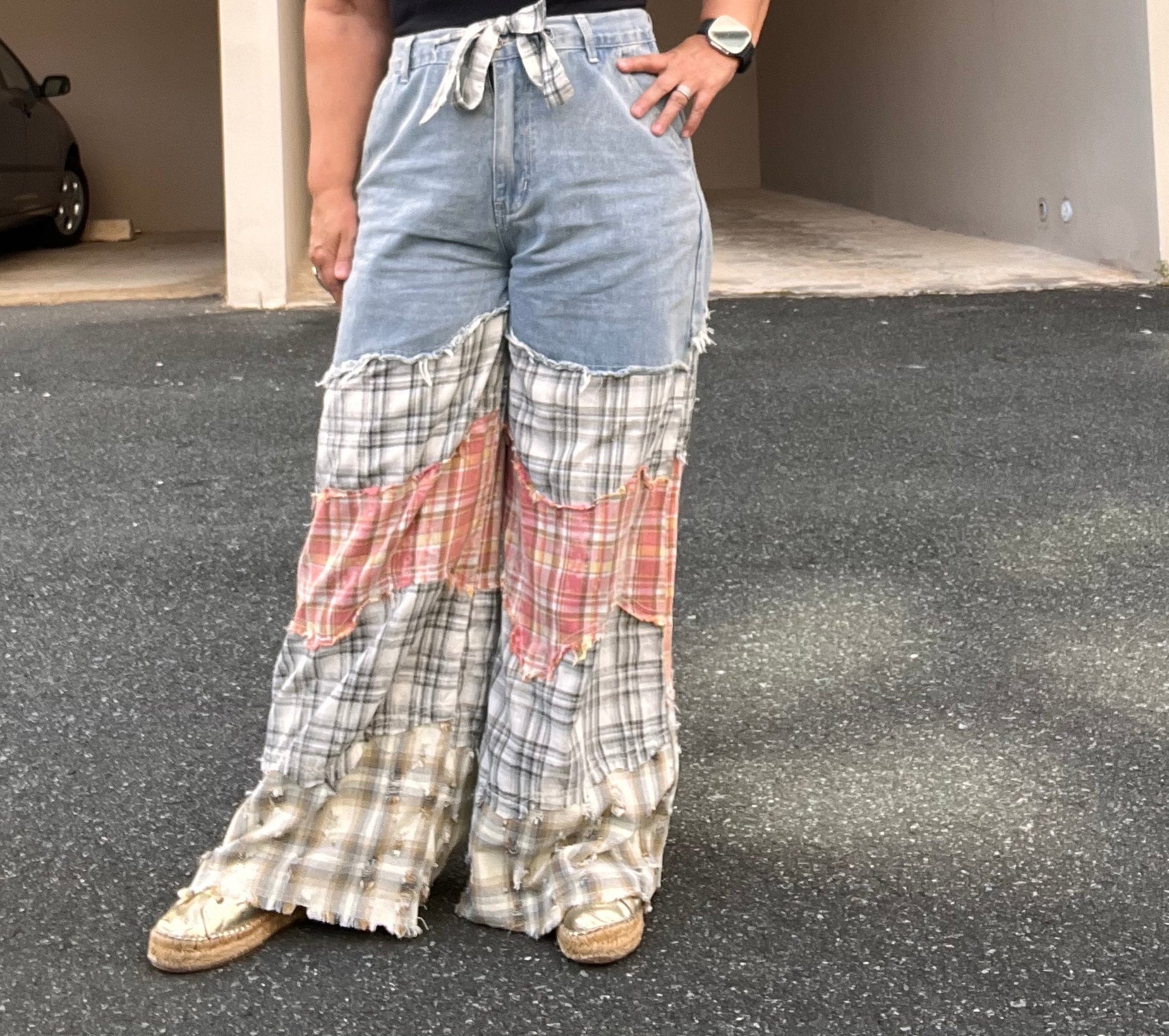 Twill Pants with Contrasting Asymmetrical Patchwork in Denim Multi