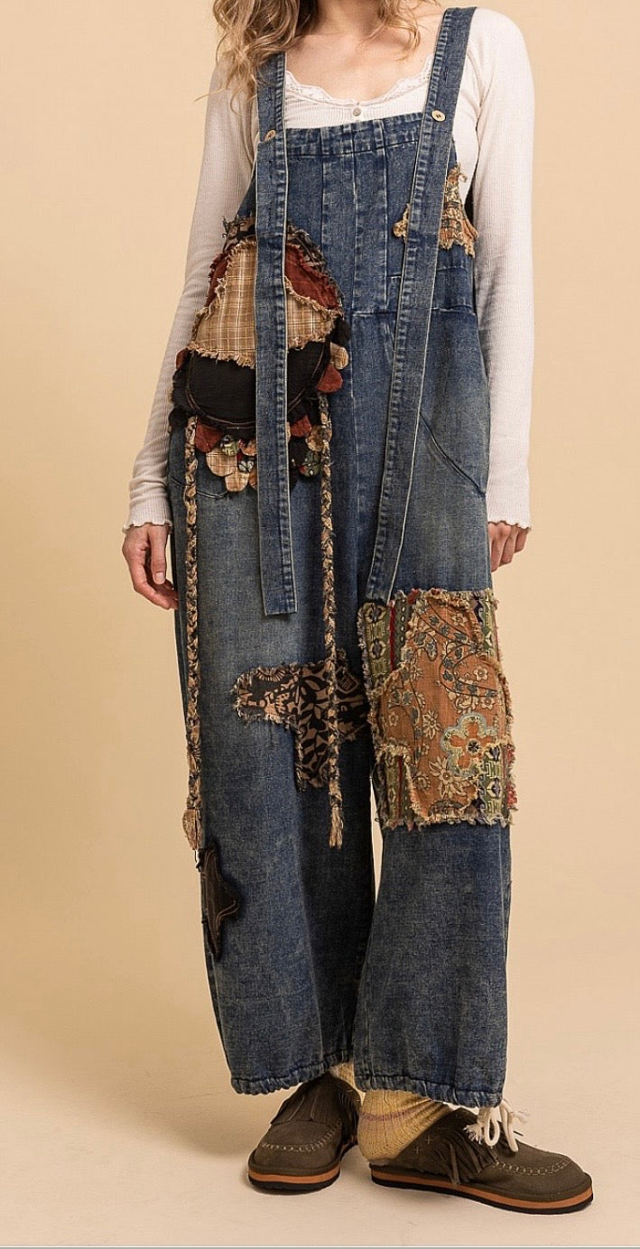 Patchwork Slouchy Denim Bib Overalls - PREORDER ARRIVING 9/2/26