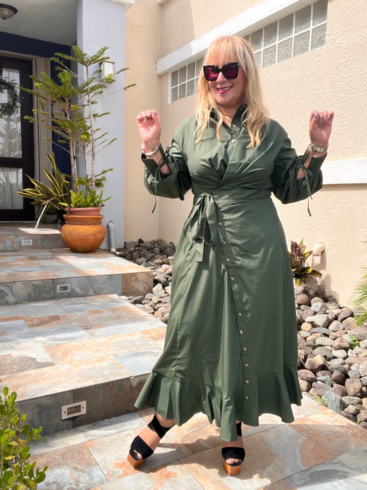 Army Green Asymmetrical Button Down Midi Dress -True to size