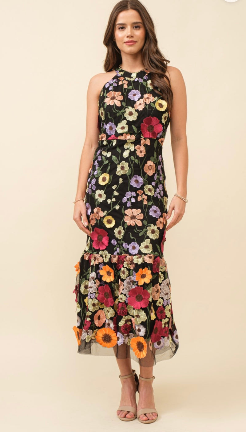 Hi Neck 3D Floral Midi Dress - Bella Boutique & Bellasbylola.com