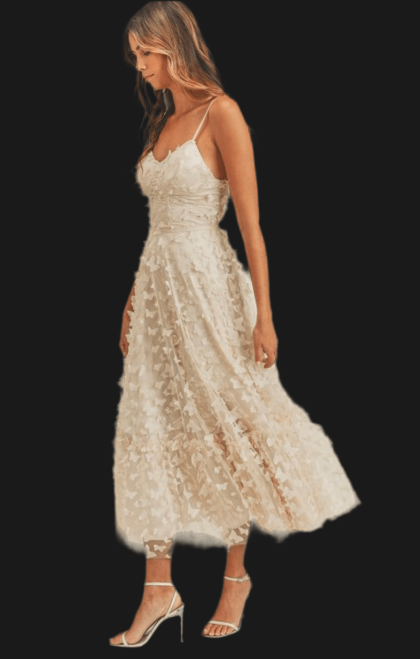 3D Butterfly Tulle Maxi Dress with Corset Boning - Elegant Beige Evening Gown - Bella Boutique & Bellasbylola.com
