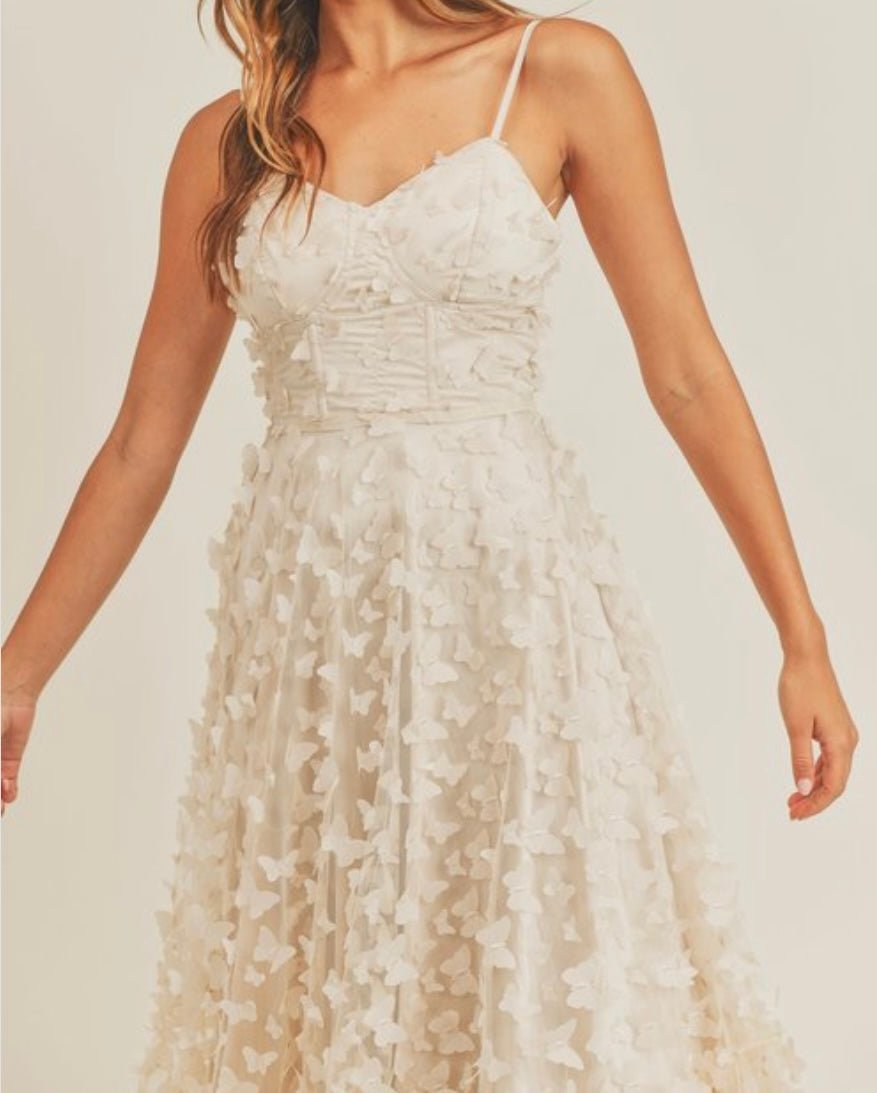 3D Butterfly Tulle Maxi Dress with Corset Boning - Elegant Beige Evening Gown - Bella Boutique & Bellasbylola.com