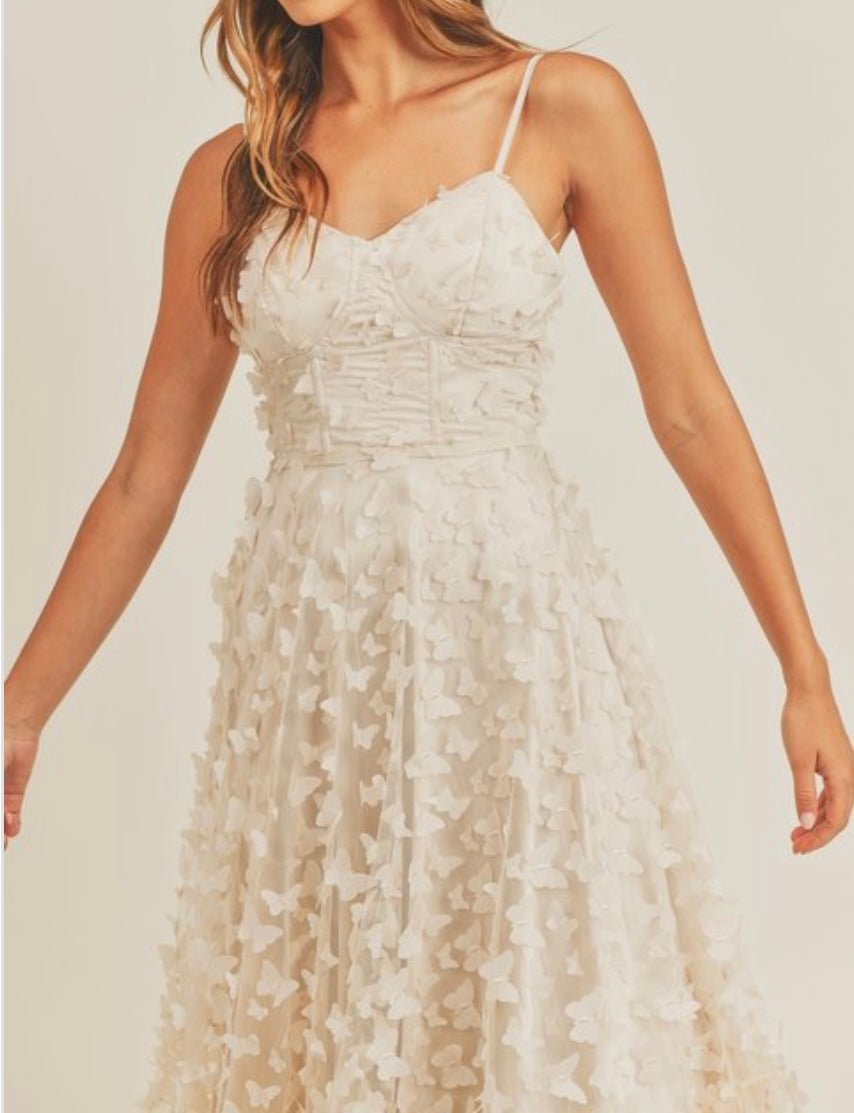 3D Butterfly Tulle Maxi Dress with Corset Boning - Elegant Beige Evening Gown - Bella Boutique & Bellasbylola.com