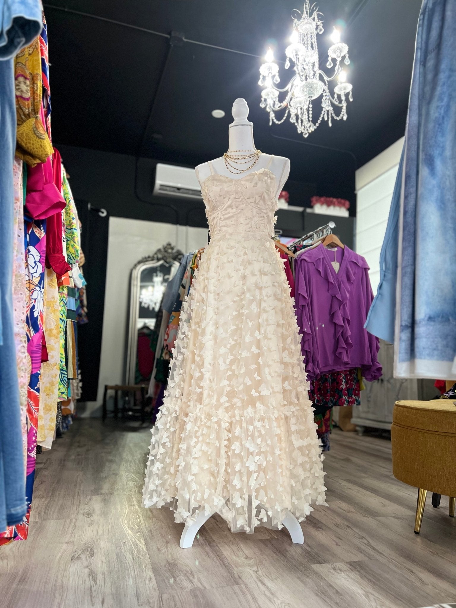 3D Butterfly Tulle Maxi Dress with Corset Boning - Elegant Beige Evening Gown - Bella Boutique & Bellasbylola.com