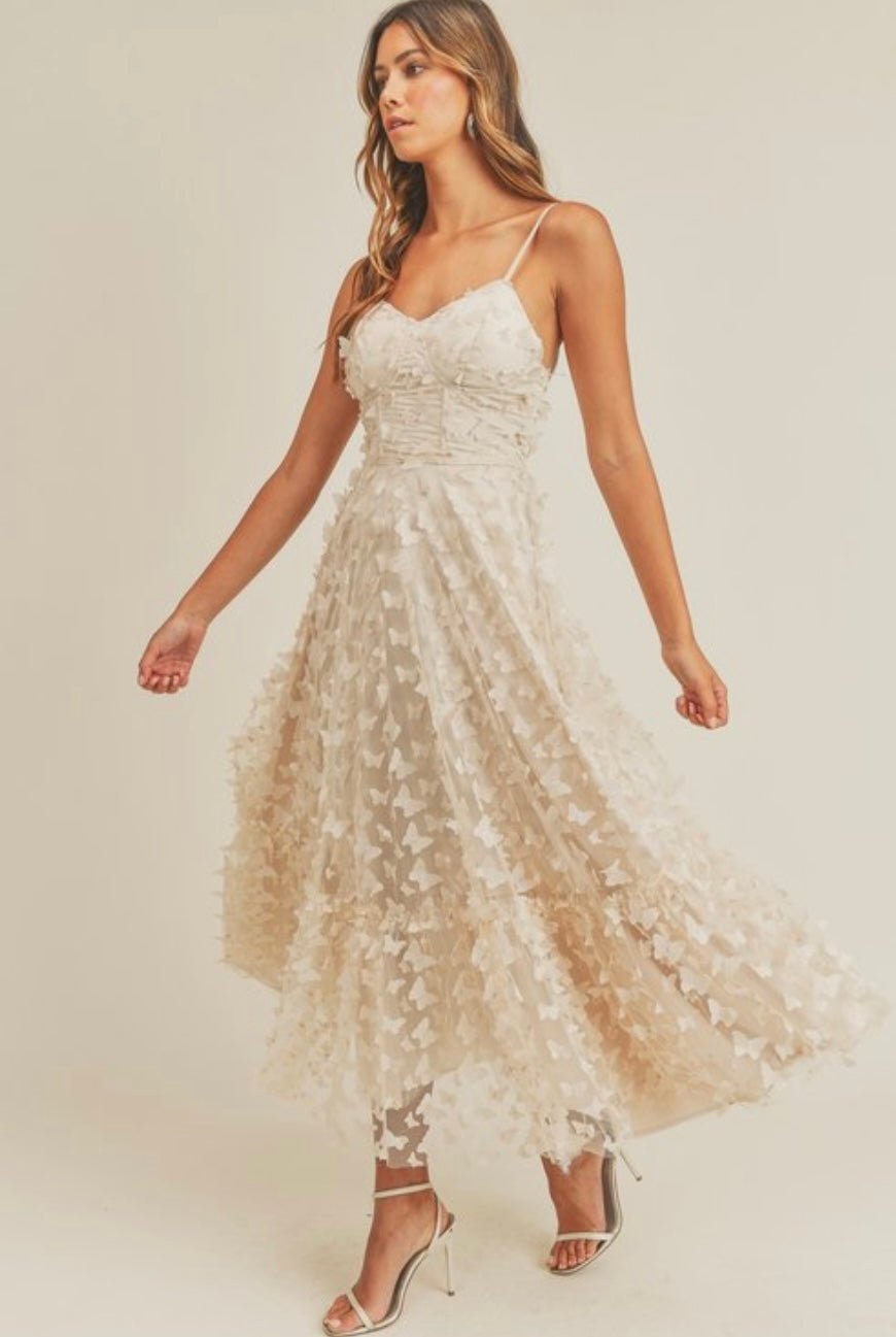 3D Butterfly Tulle Maxi Dress with Corset Boning - Elegant Beige Evening Gown - Bella Boutique & Bellasbylola.com