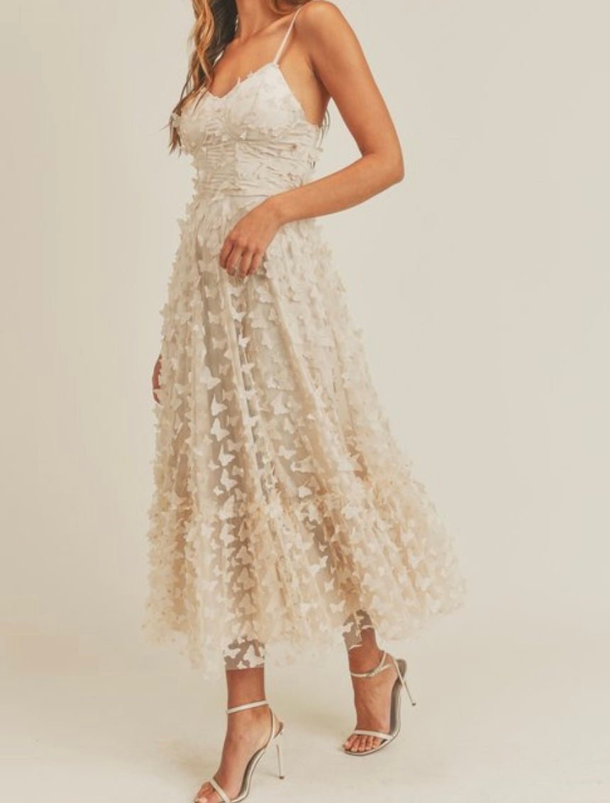 3D Butterfly Tulle Maxi Dress with Corset Boning - Elegant Beige Evening Gown - Bella Boutique & Bellasbylola.com