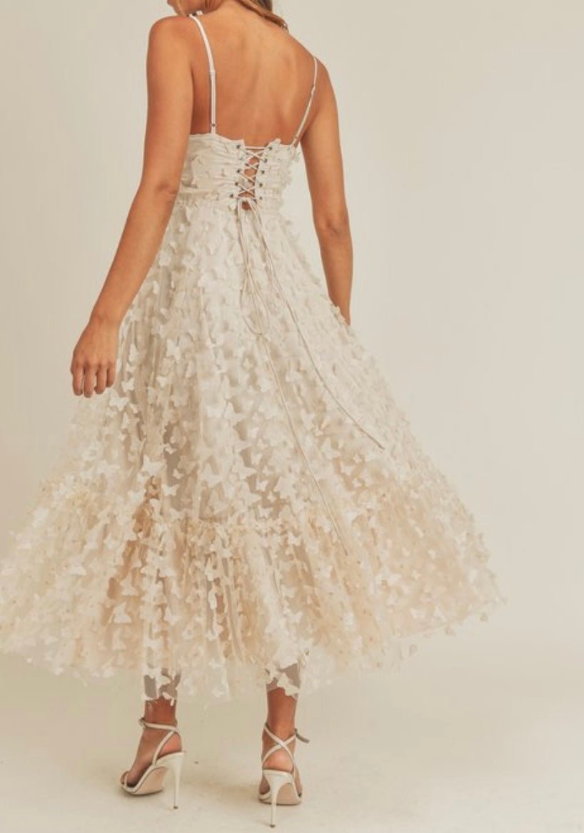 3D Butterfly Tulle Maxi Dress with Corset Boning - Elegant Beige Evening Gown - Bella Boutique & Bellasbylola.com