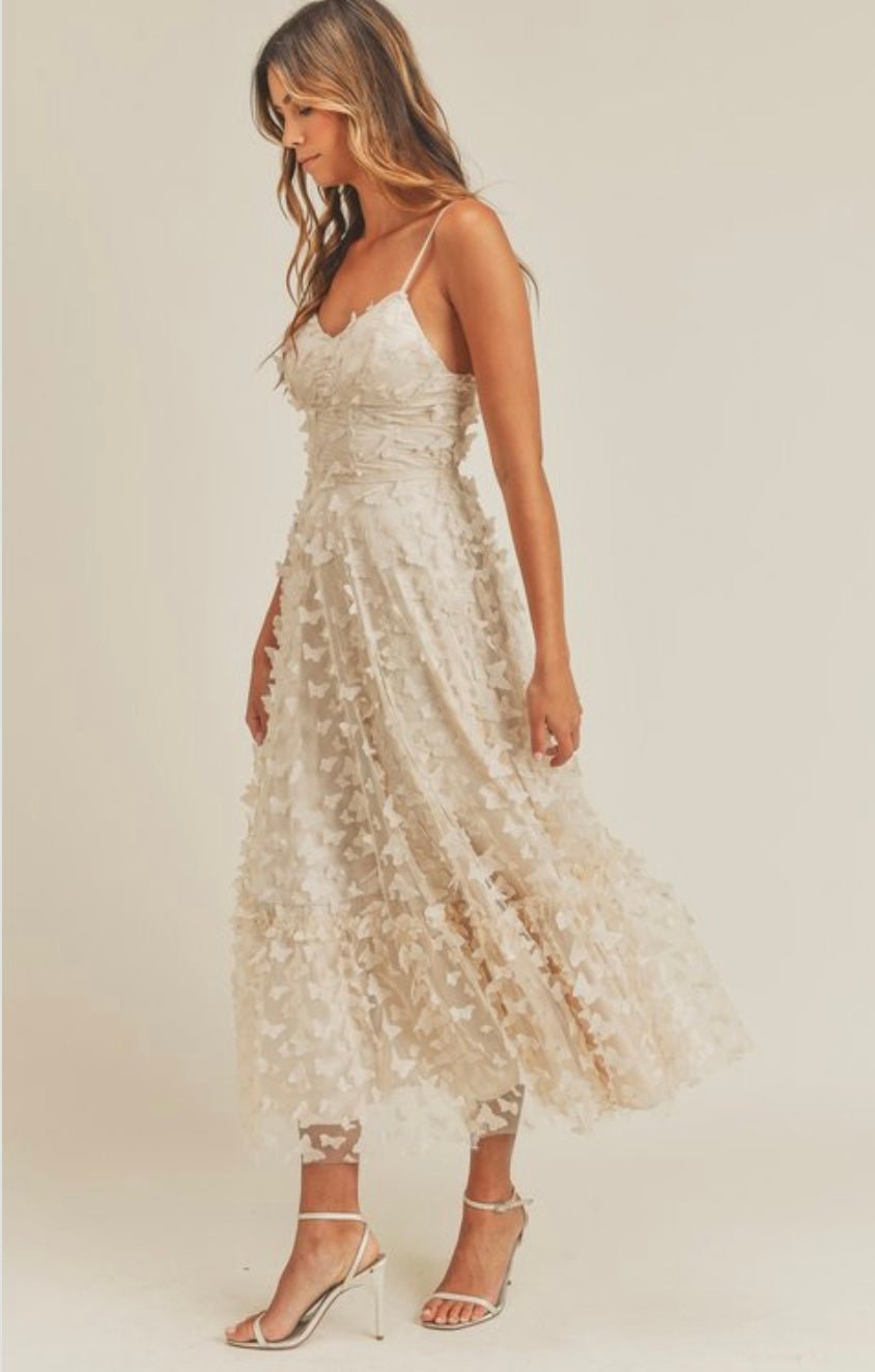 3D Butterfly Tulle Maxi Dress with Corset Boning - Elegant Beige Evening Gown - Bella Boutique & Bellasbylola.com