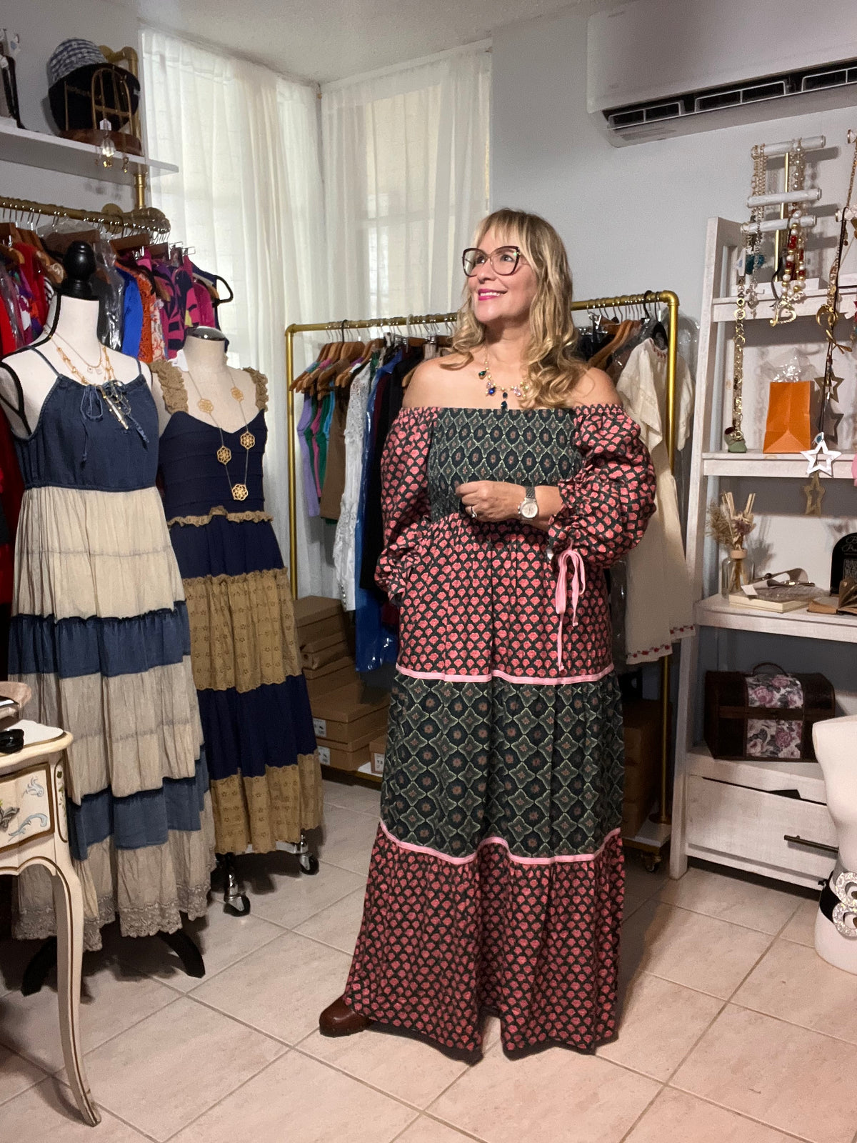 Boho Chic Mixed Pattern Color Clock 3/4 Sleeve Maxi Dress