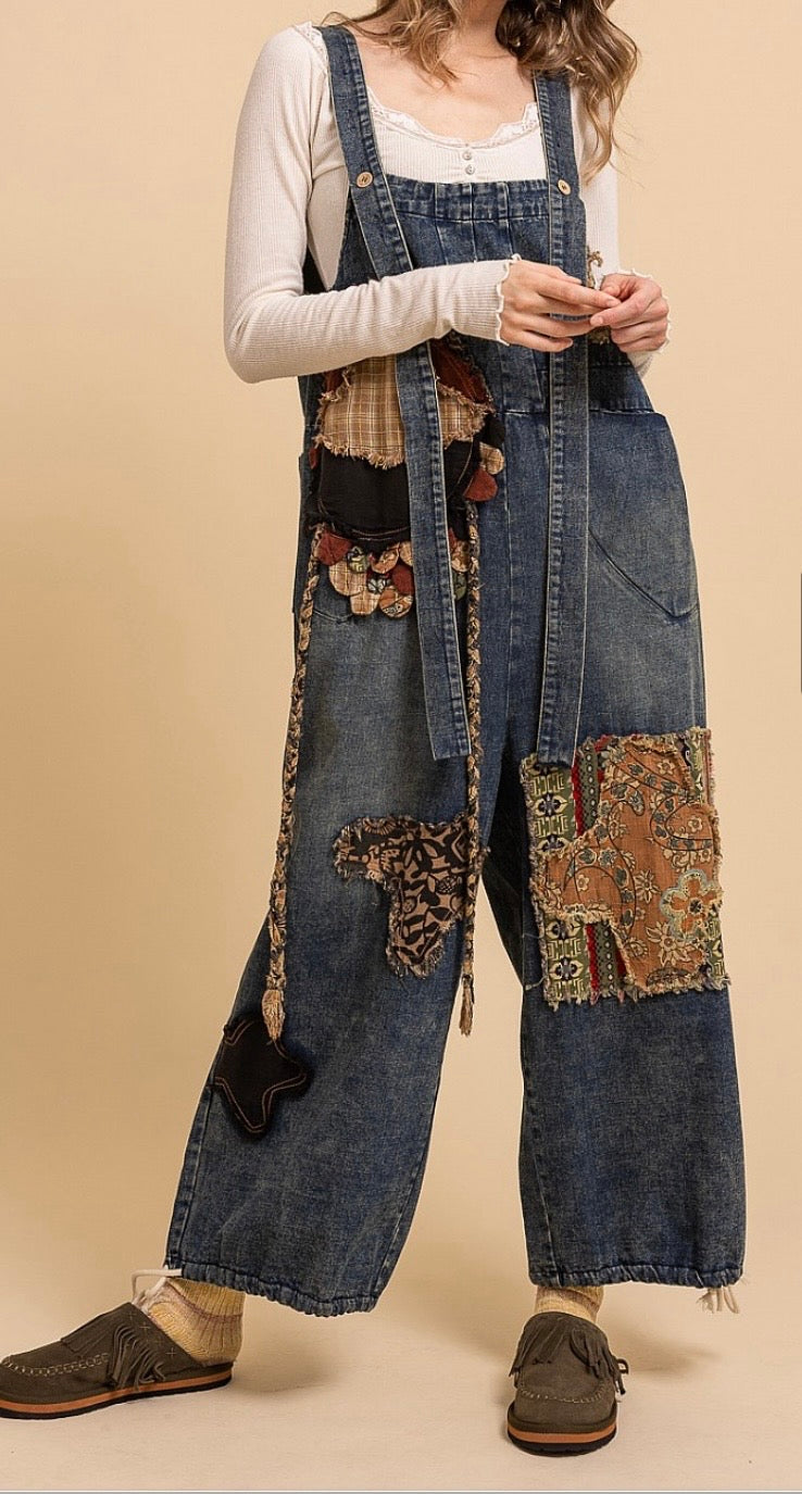 Patchwork Slouchy Denim Bib Overalls - PREORDER ARRIVING 9/2/26