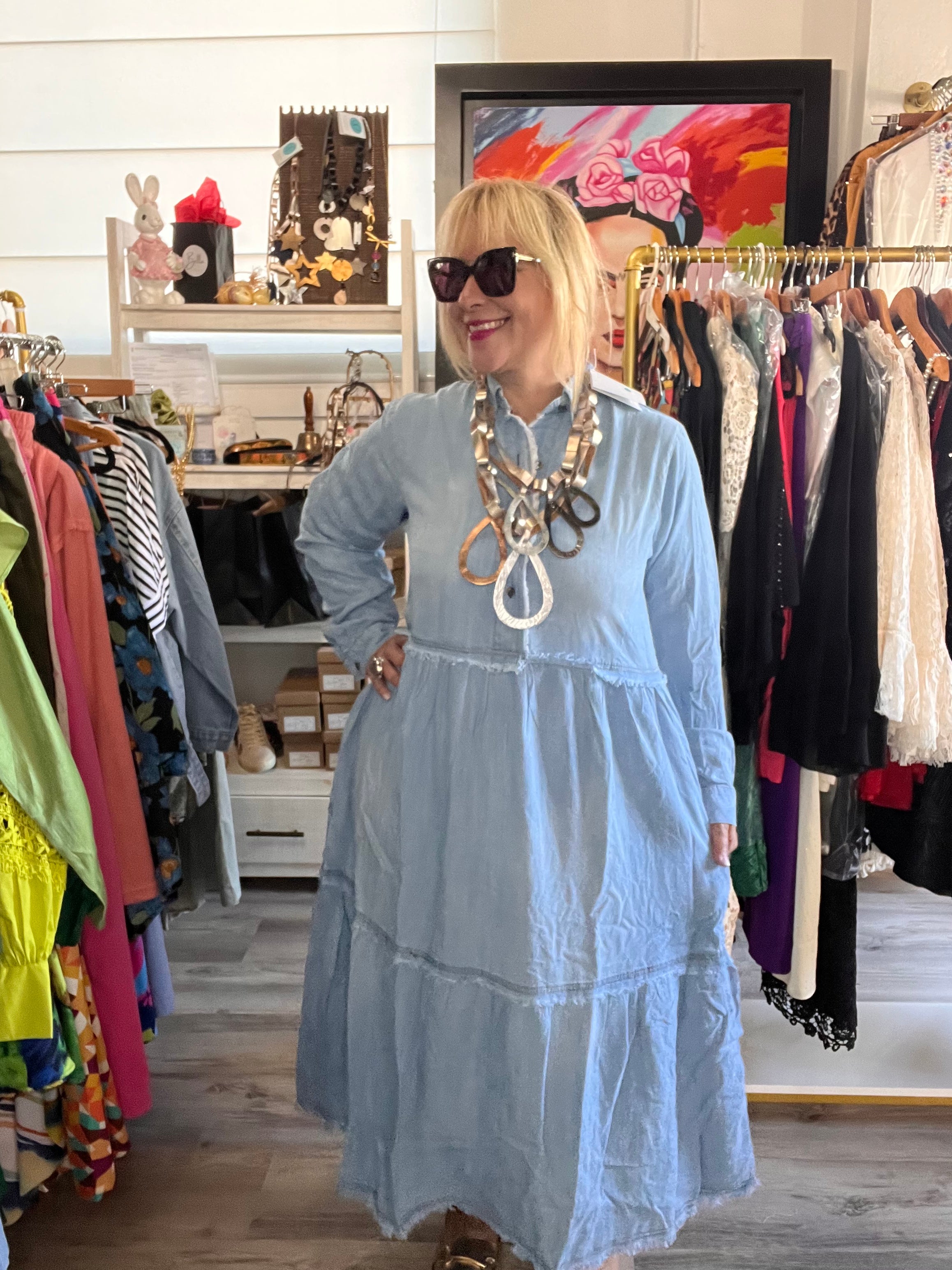 Button Front Wash Denim Maxi Dress