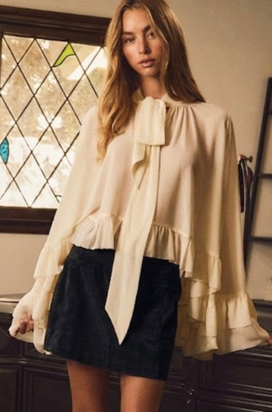 Chiffon Ruffled Boho Chic Long Sleeve Blouse (Beige or Black) -