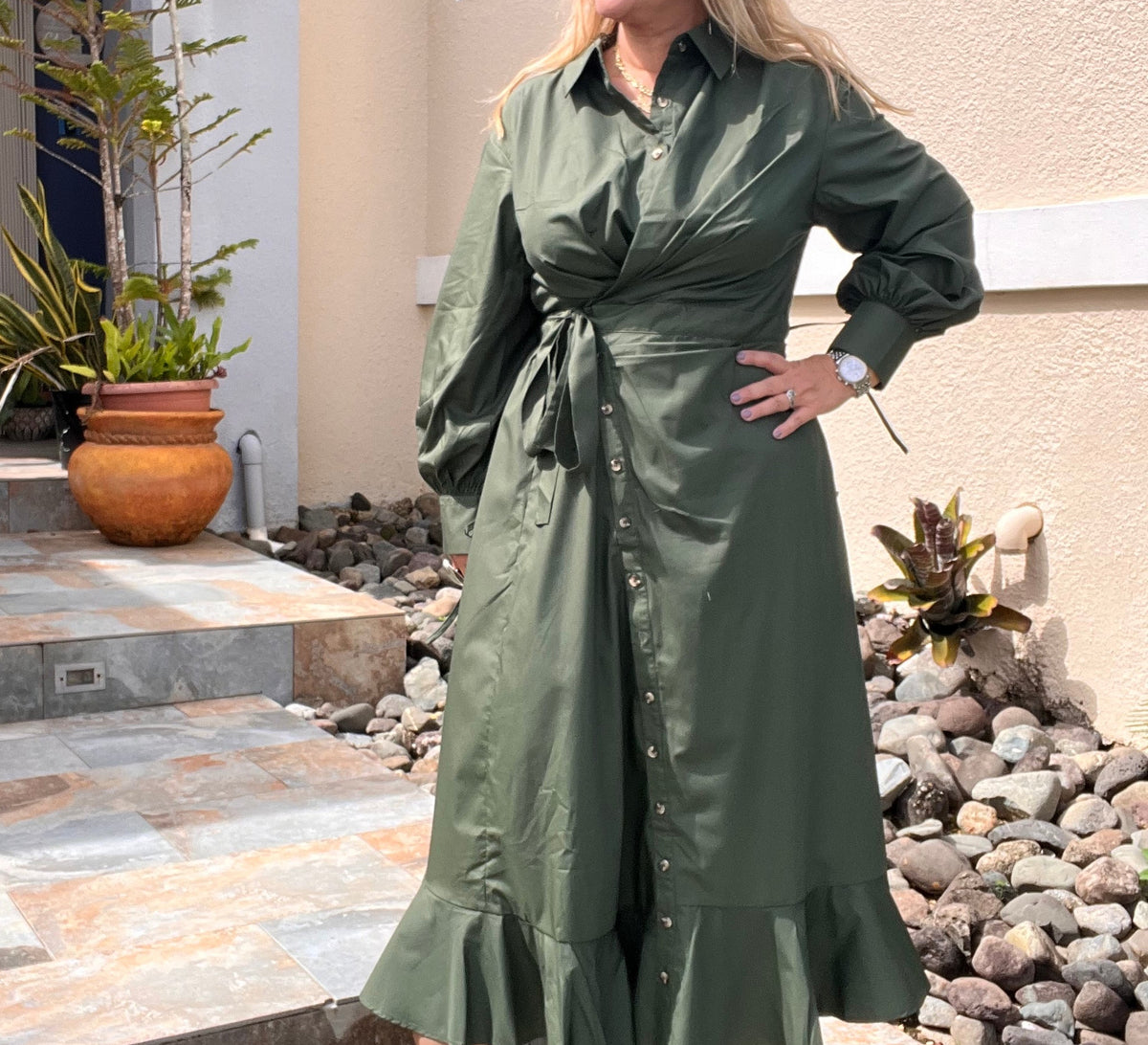 Army Green Asymmetrical Button Down Midi Dress -True to size