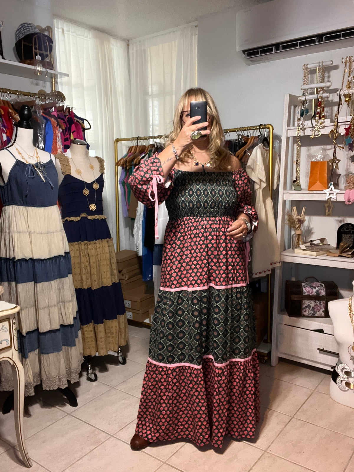 Boho Chic Mixed Pattern Color Clock 3/4 Sleeve Maxi Dress