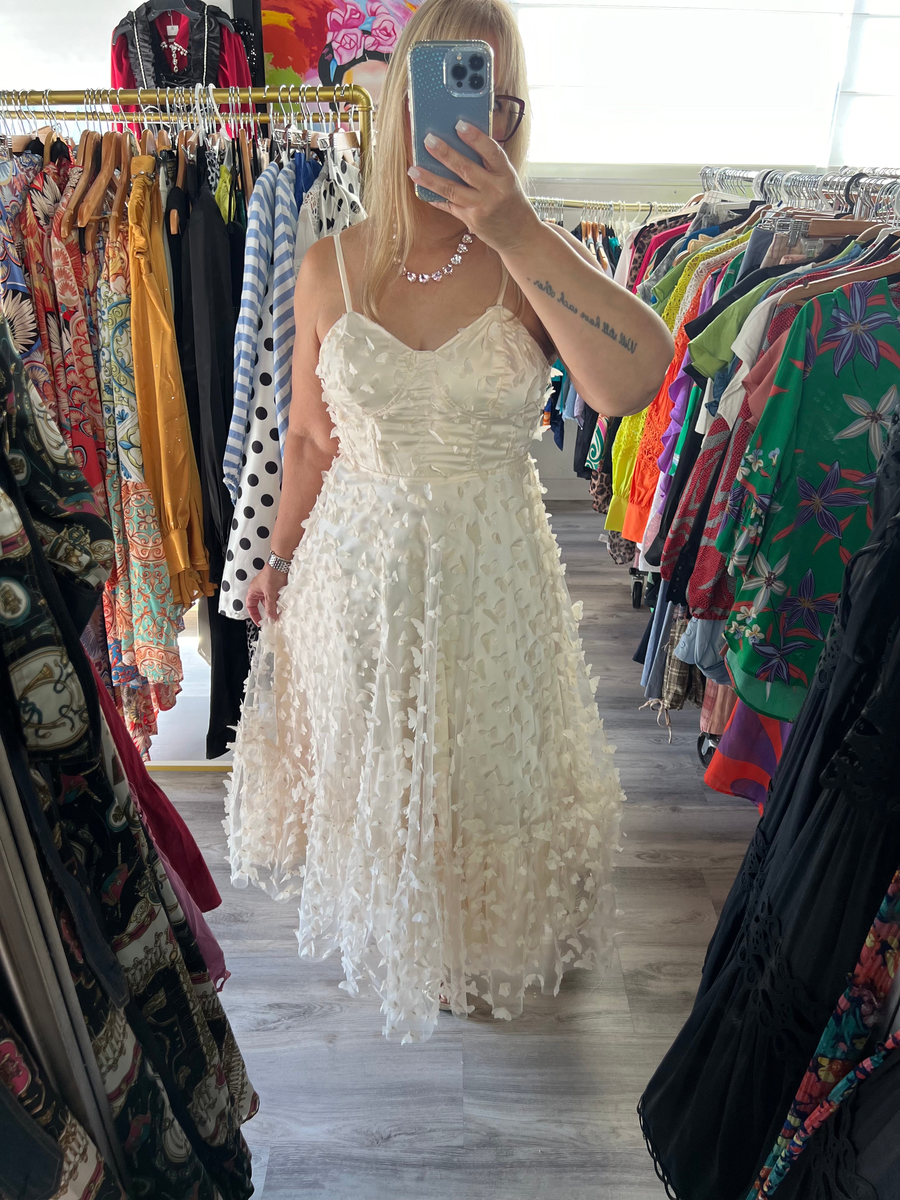 3D Butterfly Tulle Maxi Dress with Corset Boning - Elegant Beige Evening Gown - Bella Boutique & Bellasbylola.com