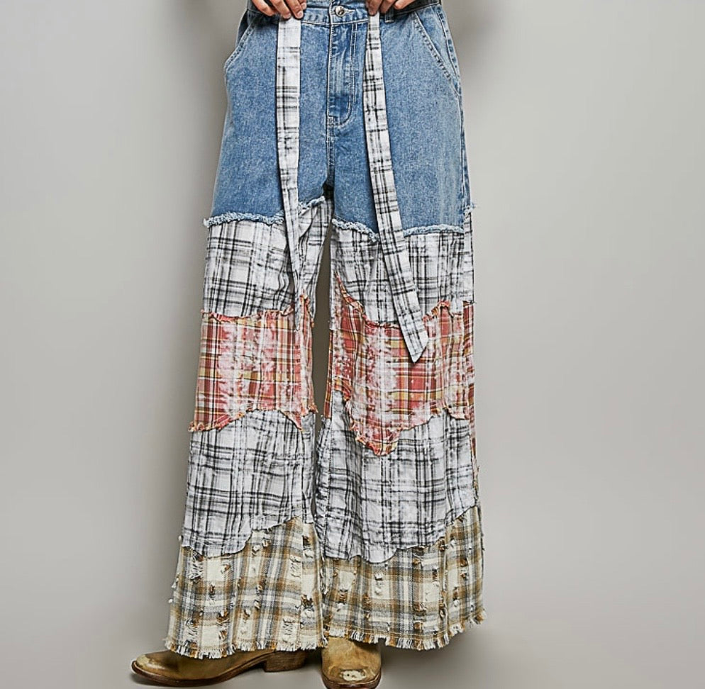 Boho Patchwork Wide Leg Denim Pants – Vintage-Inspired Statement Jeans