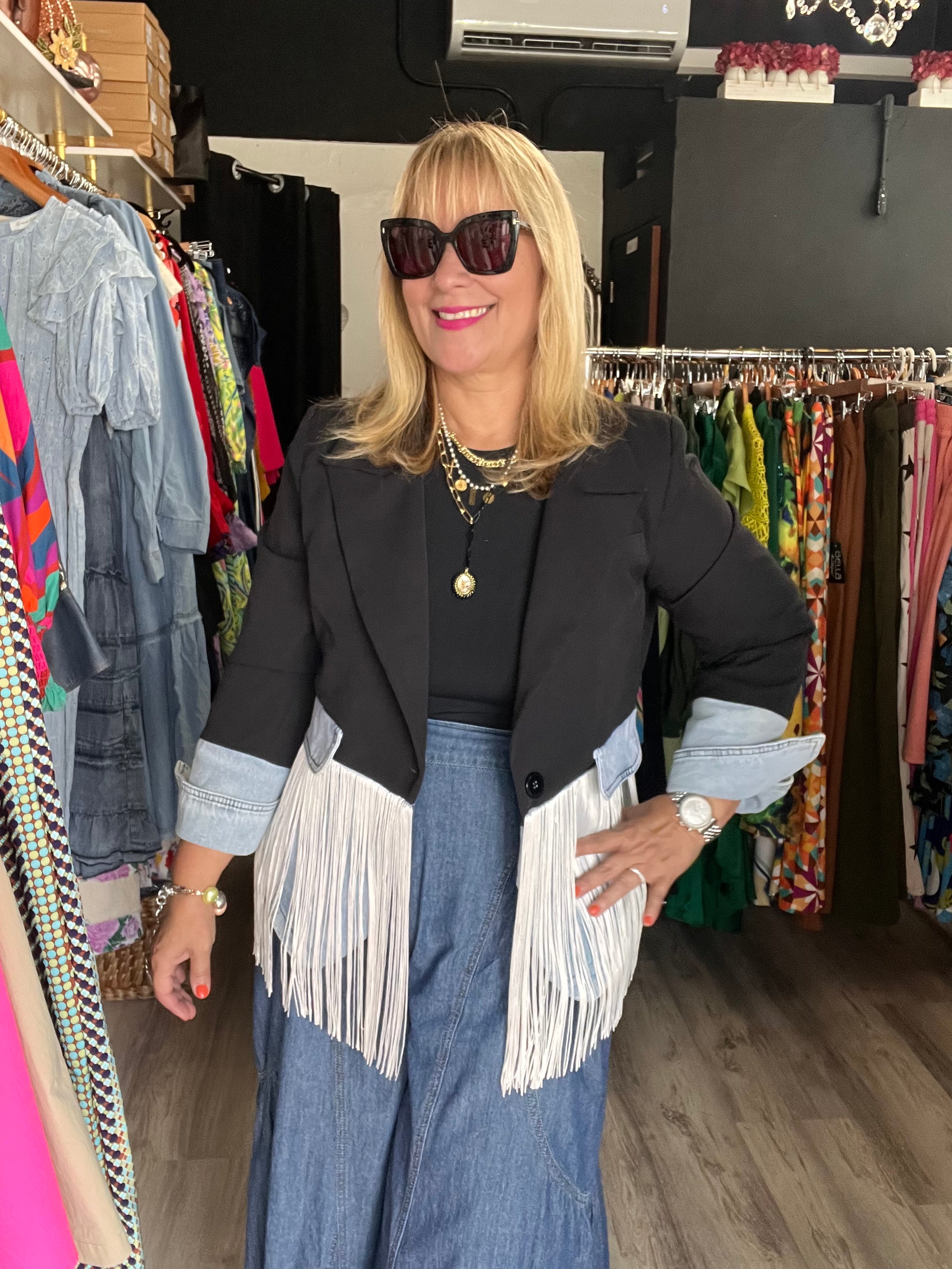 Fringe Black & Denim Contrast Blazer