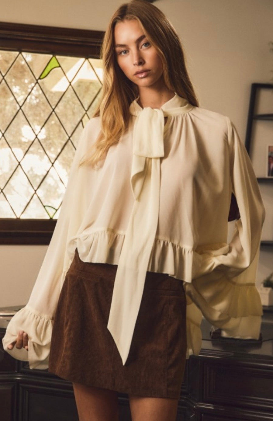 Chiffon Ruffled Boho Chic Long Sleeve Blouse (Beige or Black) -