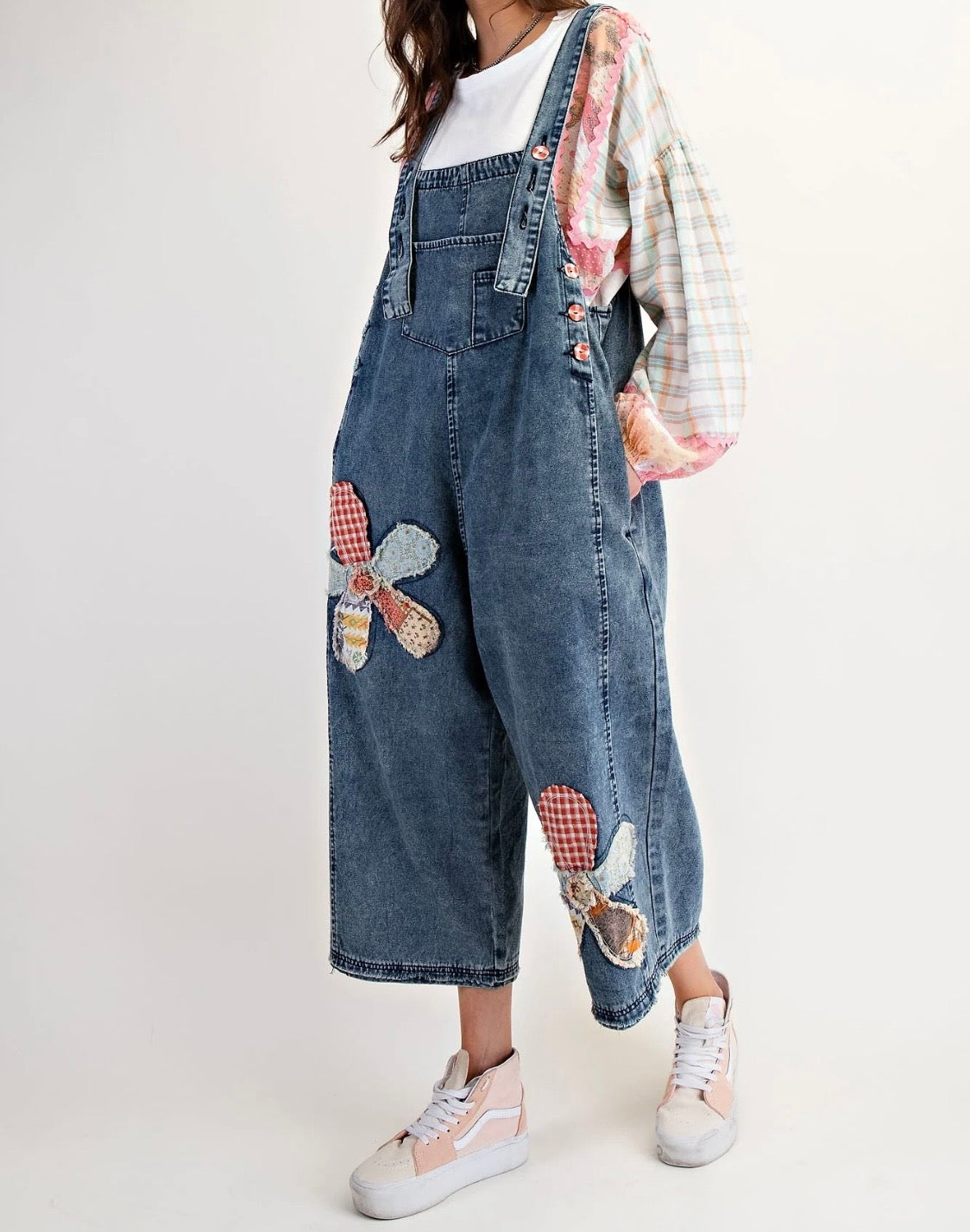 FLOWER PATCH WASHED DENIM BOHO OVERALLS