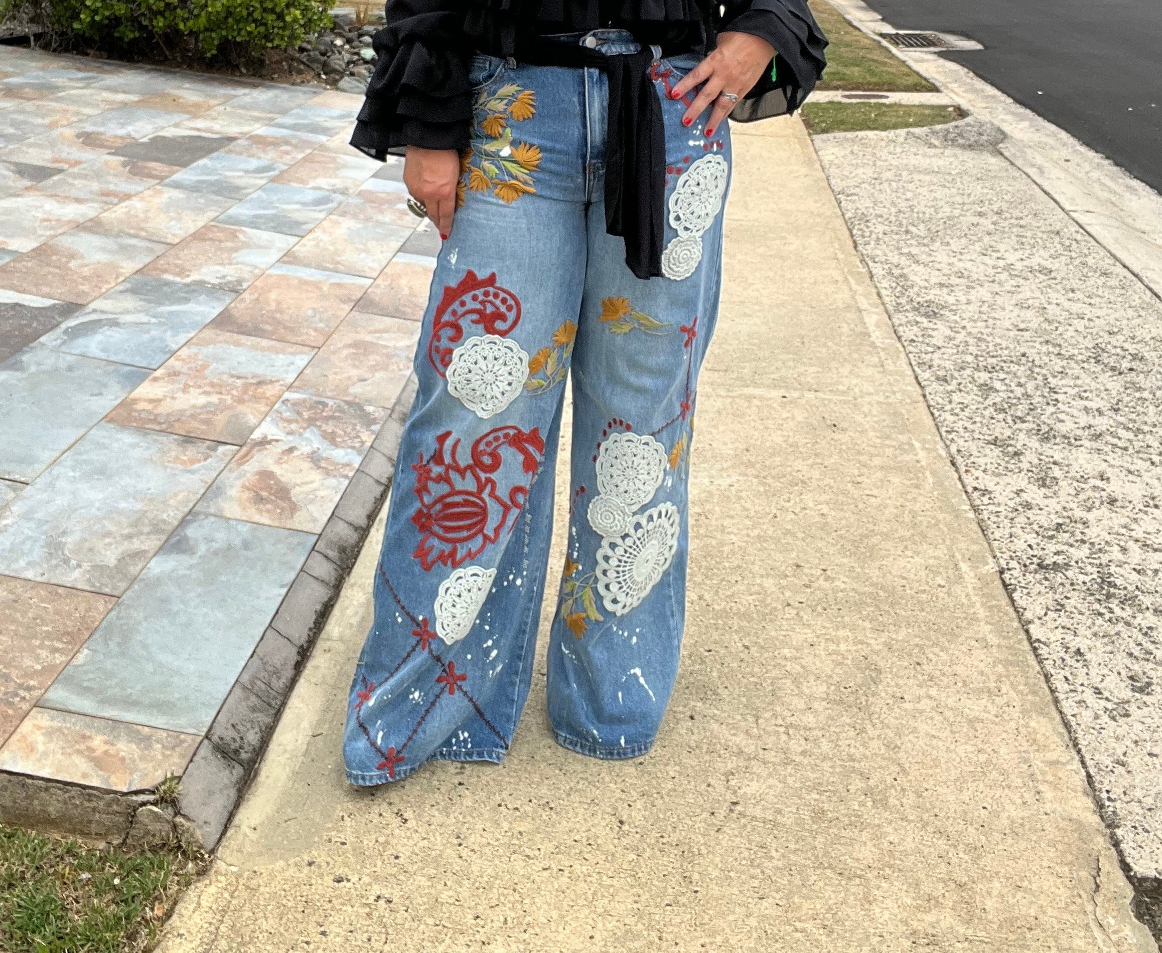 GORGEOUS EMBROIDERED & CROCHET WIDE LEG JEANS -( if between sizes, choose bigger size)