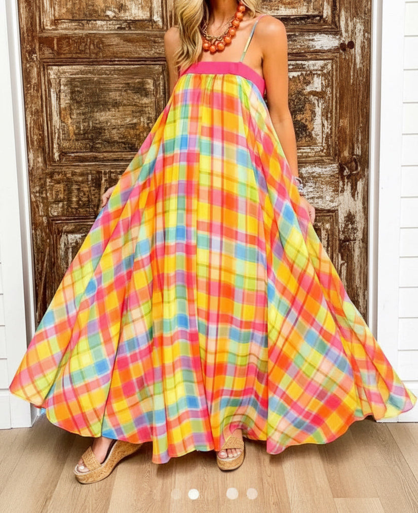 Rainbow Plaid Maxi Dress - Preorder