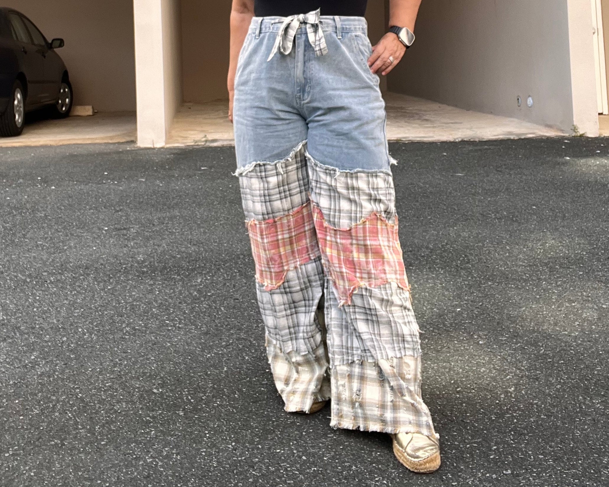 Twill Pants with Contrasting Asymmetrical Patchwork in Denim Multi