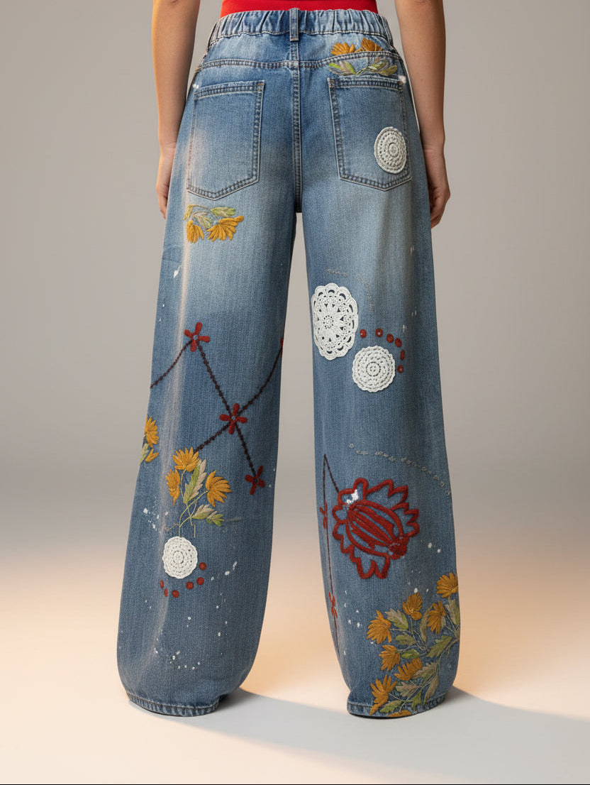 A pair of light blue denim jeans with embroidered floral patterns and white lace appliques, displayed on a tiled floor with other clothing items in the background.