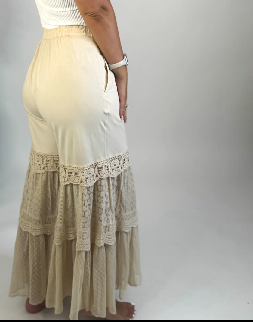 Boho Chic Desert Dream Wide Leg Pants with Knit & Lace - True to Size