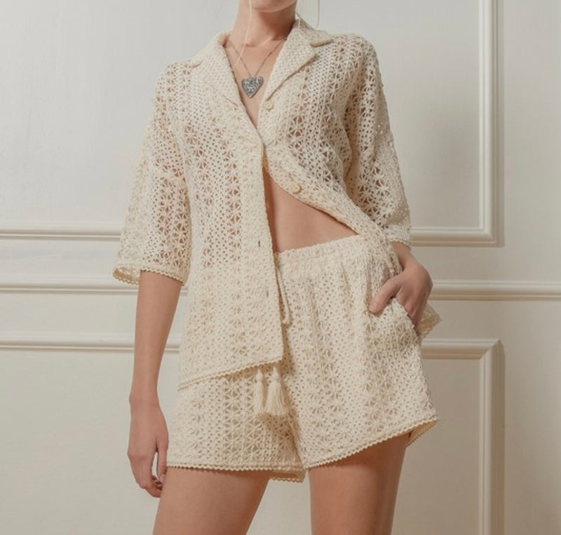 Natural Crochet Set (Top with short sleeve & Pants) - Bella Boutique & Bellasbylola.com