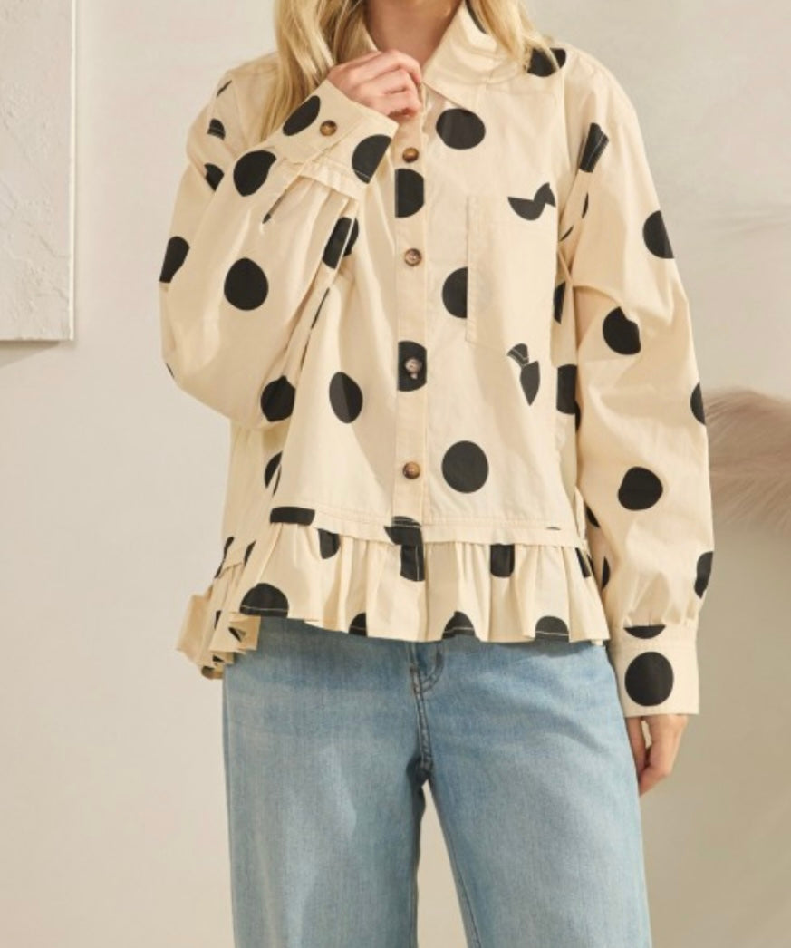 Polka Dot Ruffle Hem Long Sleeve blouse - Bella Boutique & Bellasbylola.com