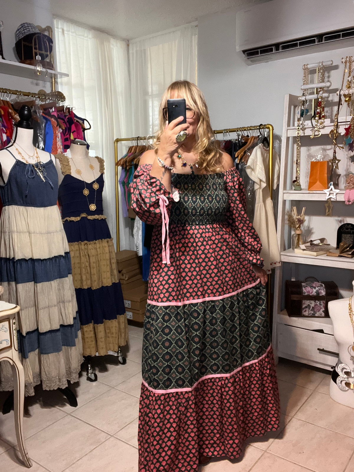 Boho Chic Mixed Pattern Color Clock 3/4 Sleeve Maxi Dress