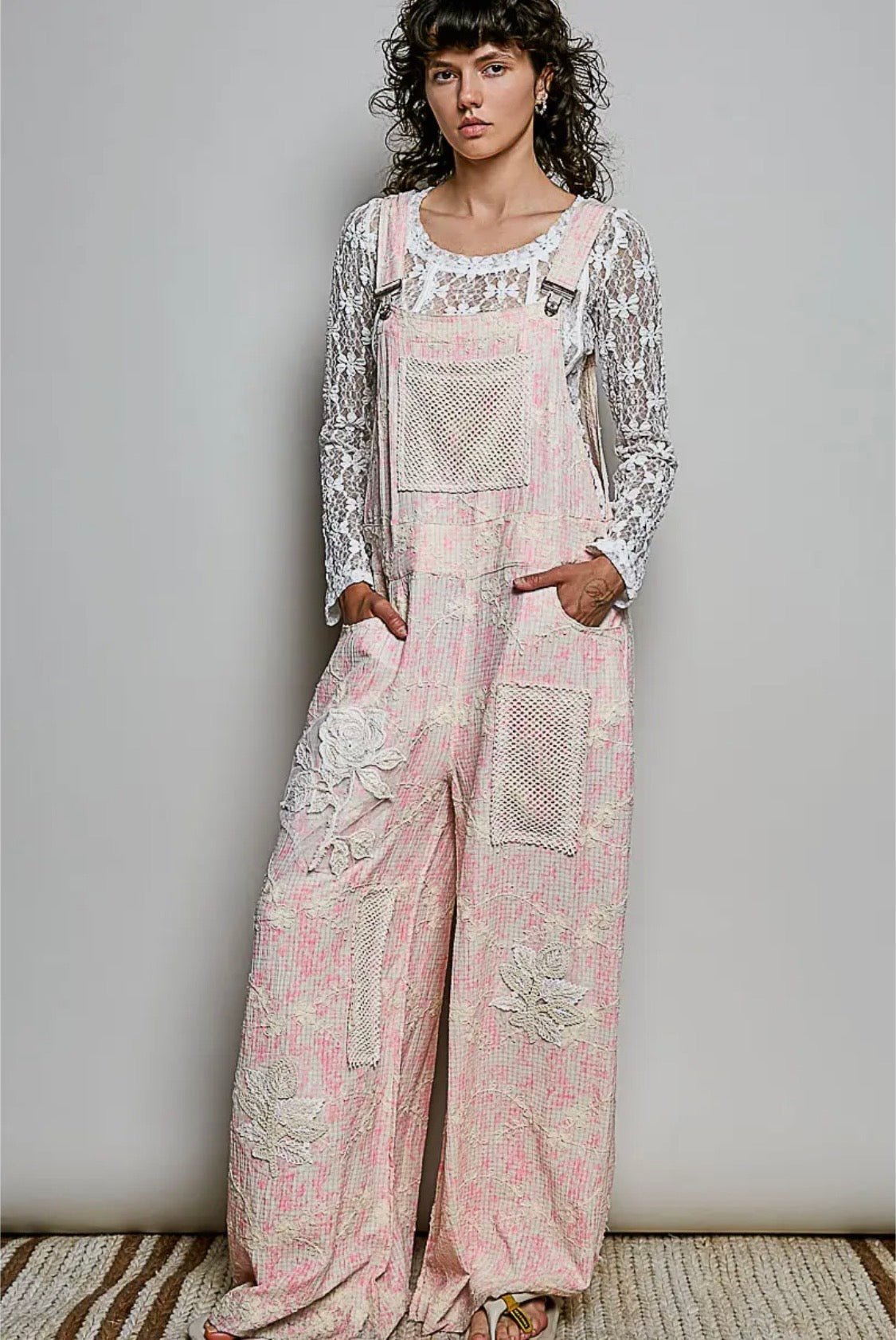 Bohemian Pink Floral Embroidery Crochet Overall - Runs big ! you can go down one size