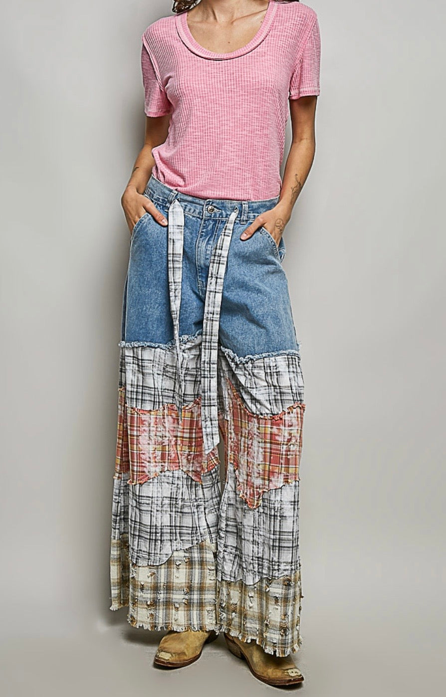 Boho Patchwork Wide Leg Denim Pants – Vintage-Inspired Statement Jeans