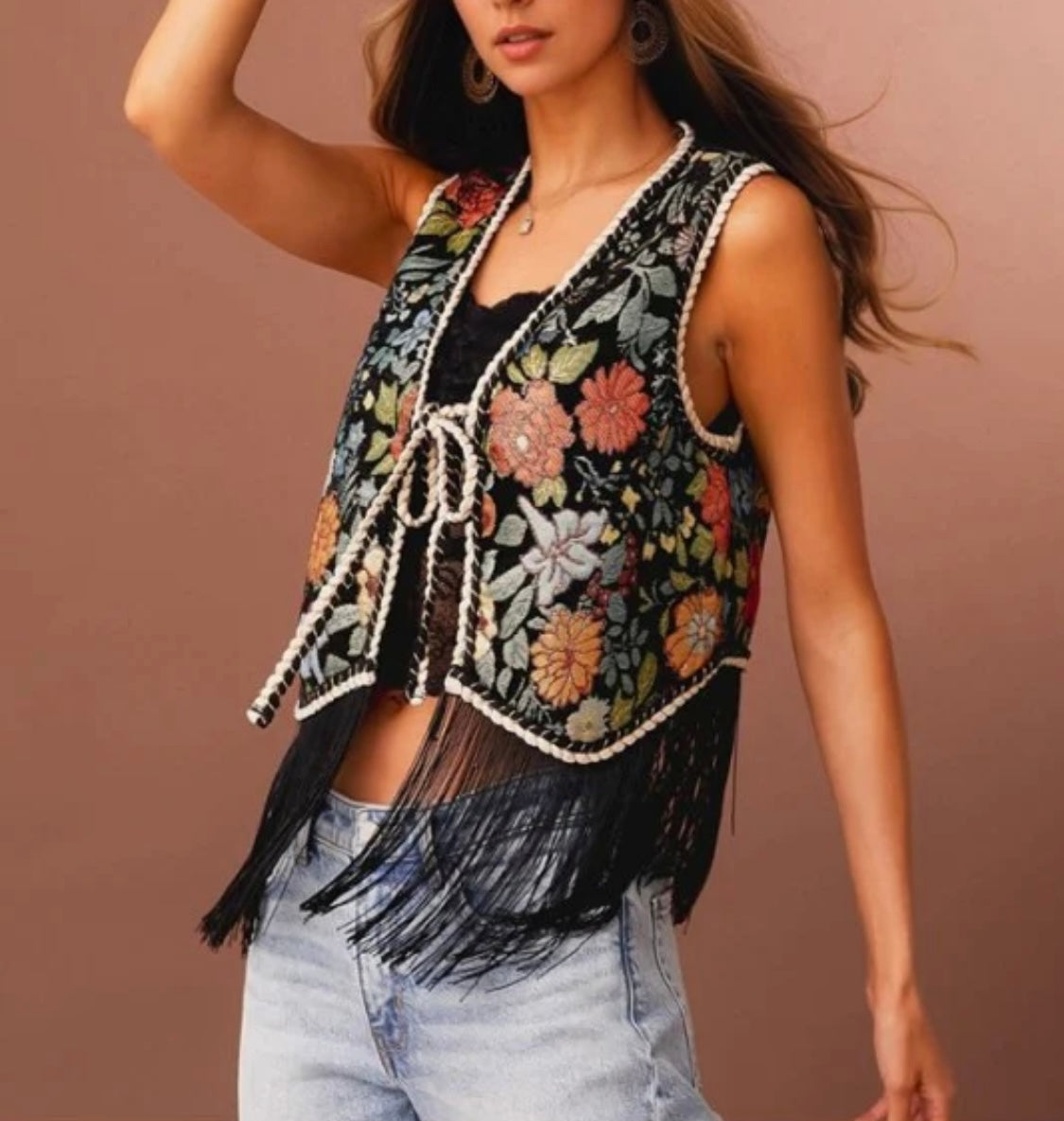 Floral Embroidery Front Tie Vest