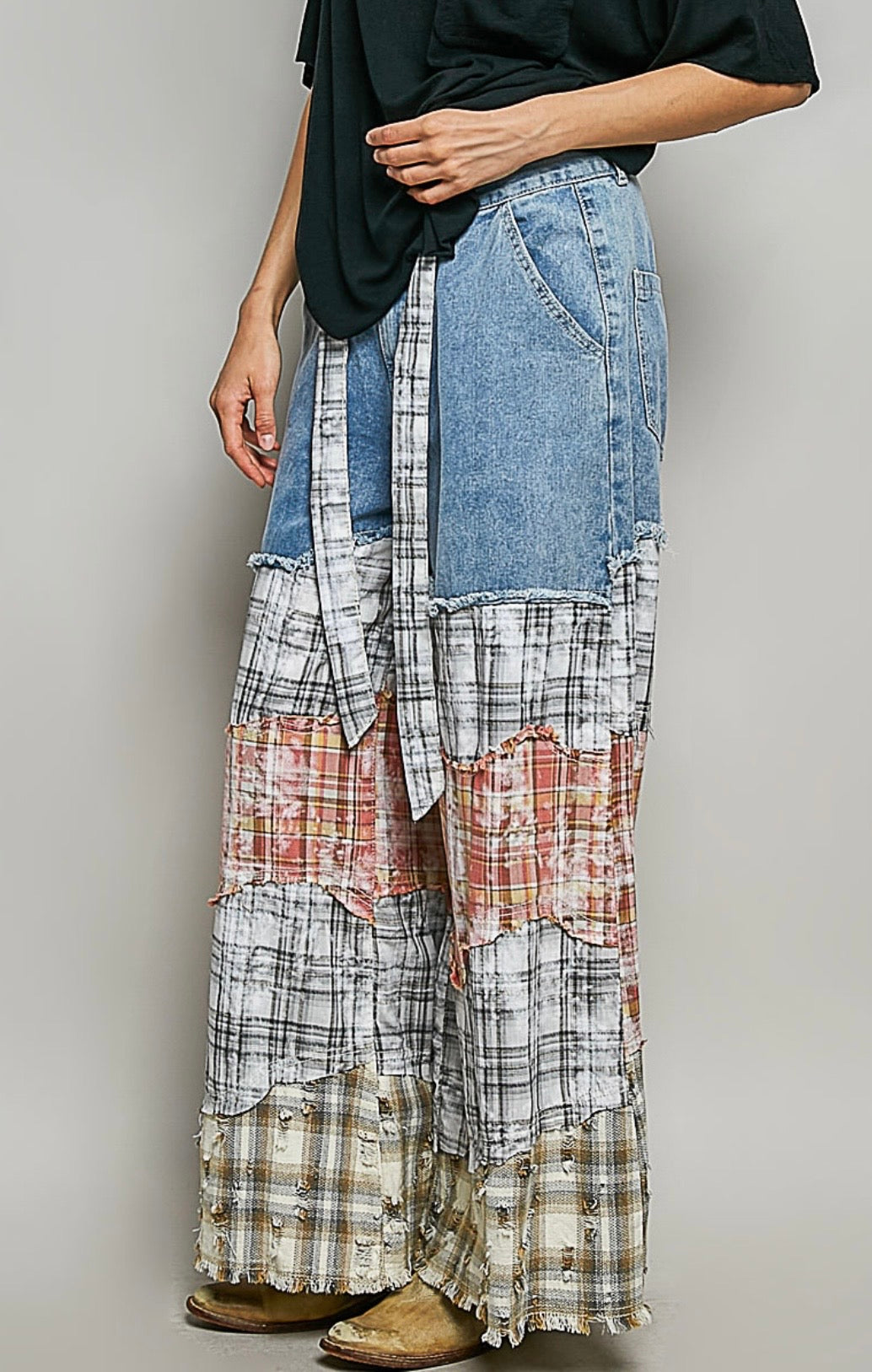 Boho Patchwork Wide Leg Denim Pants – Vintage-Inspired Statement Jeans