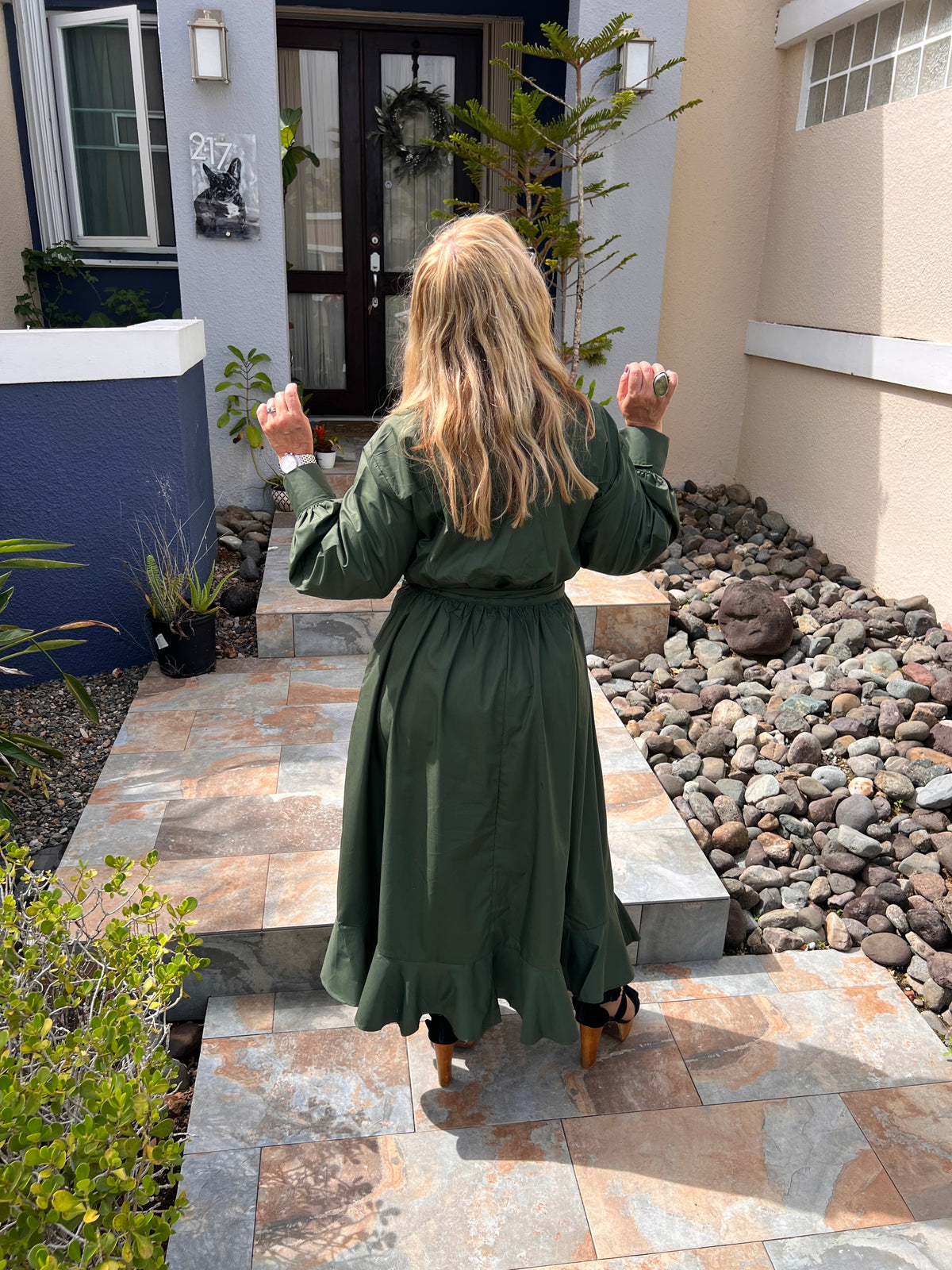 Army Green Asymmetrical Button Down Midi Dress -True to size