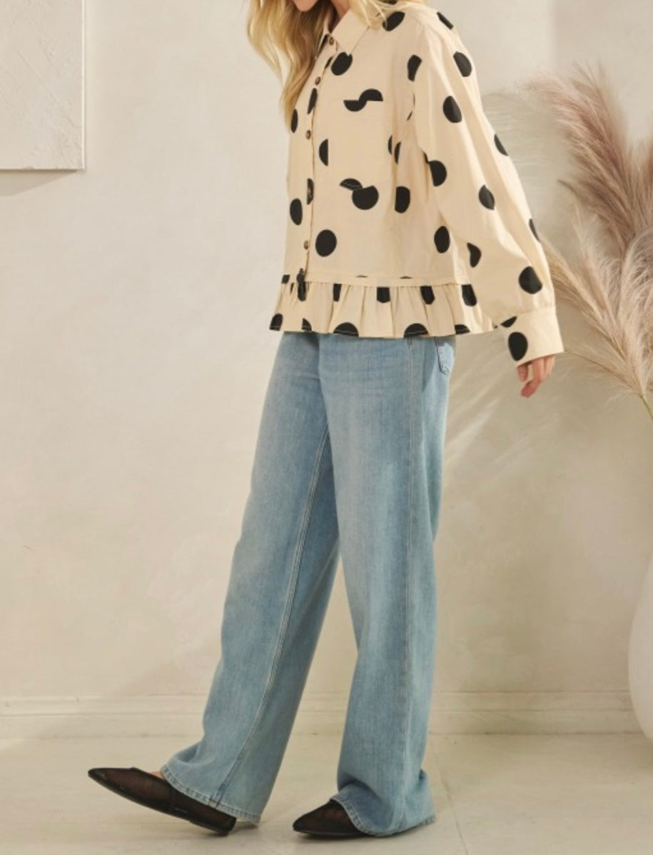 Polka Dot Ruffle Hem Long Sleeve blouse - Bella Boutique & Bellasbylola.com
