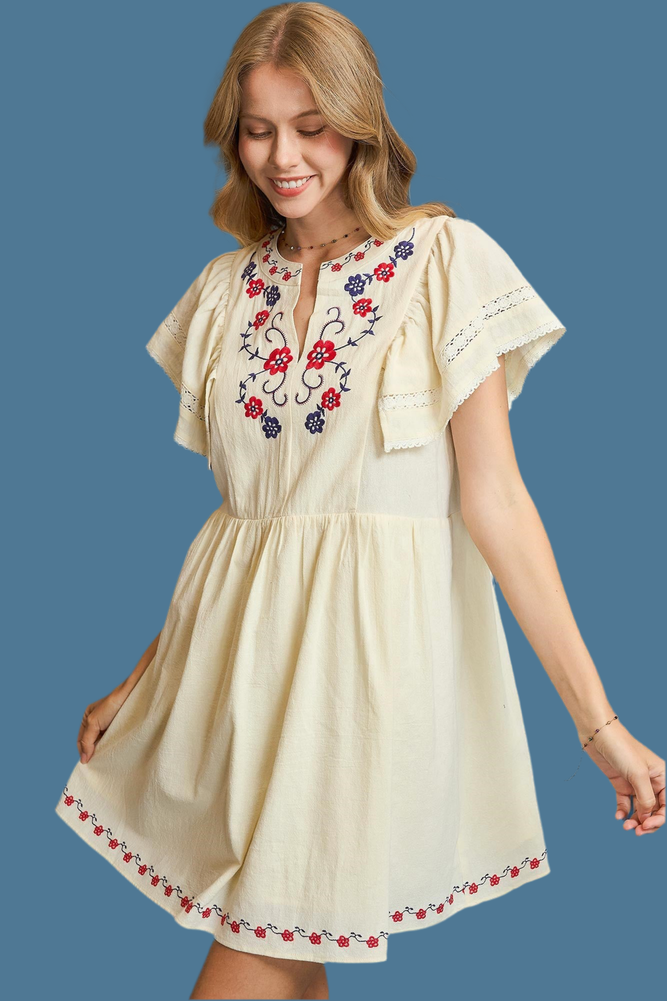 Folk Embroidered Flutter Sleeve Dress