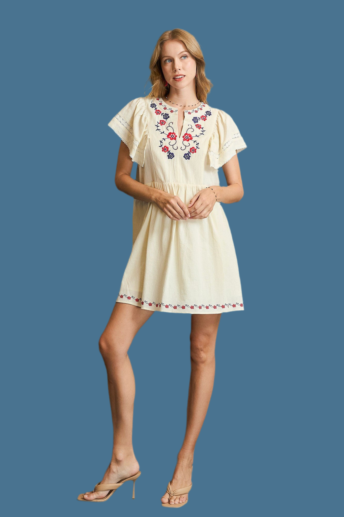 Folk Embroidered Flutter Sleeve Dress