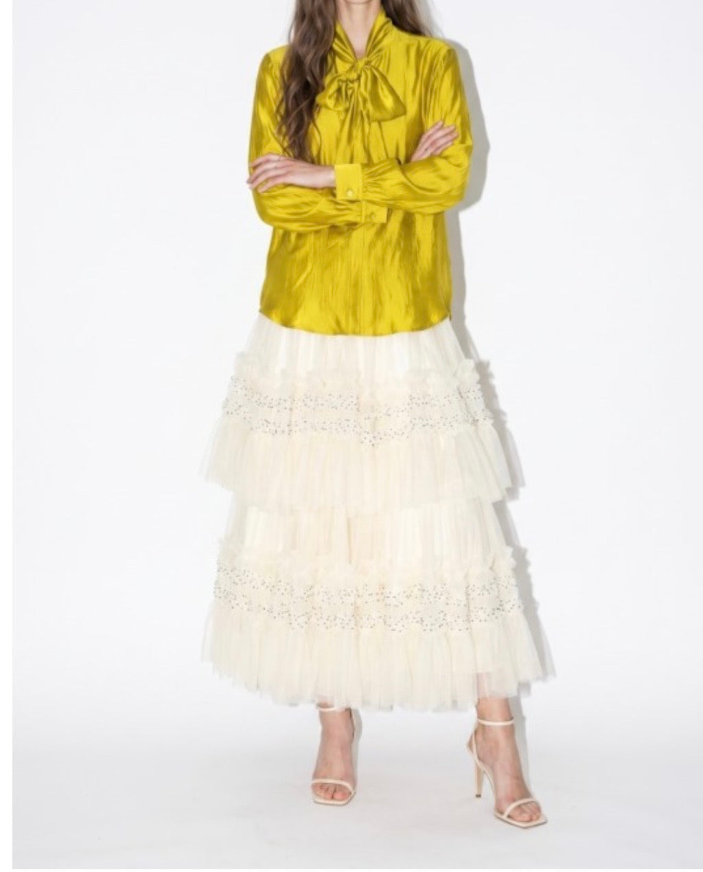 Chartreuse Tie Neck Satin Long Sleeve Premium Blouse -PREORDER