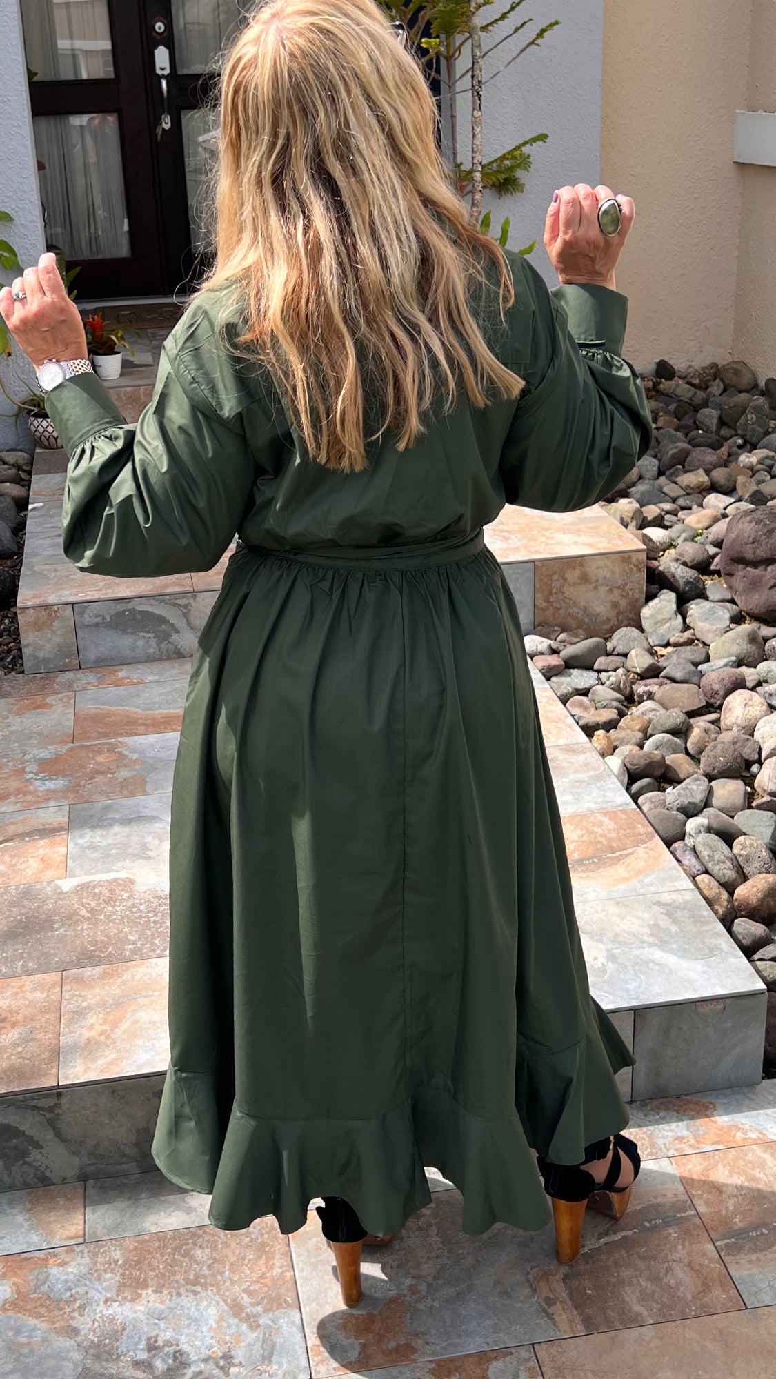 Army Green Asymmetrical Button Down Midi Dress -True to size