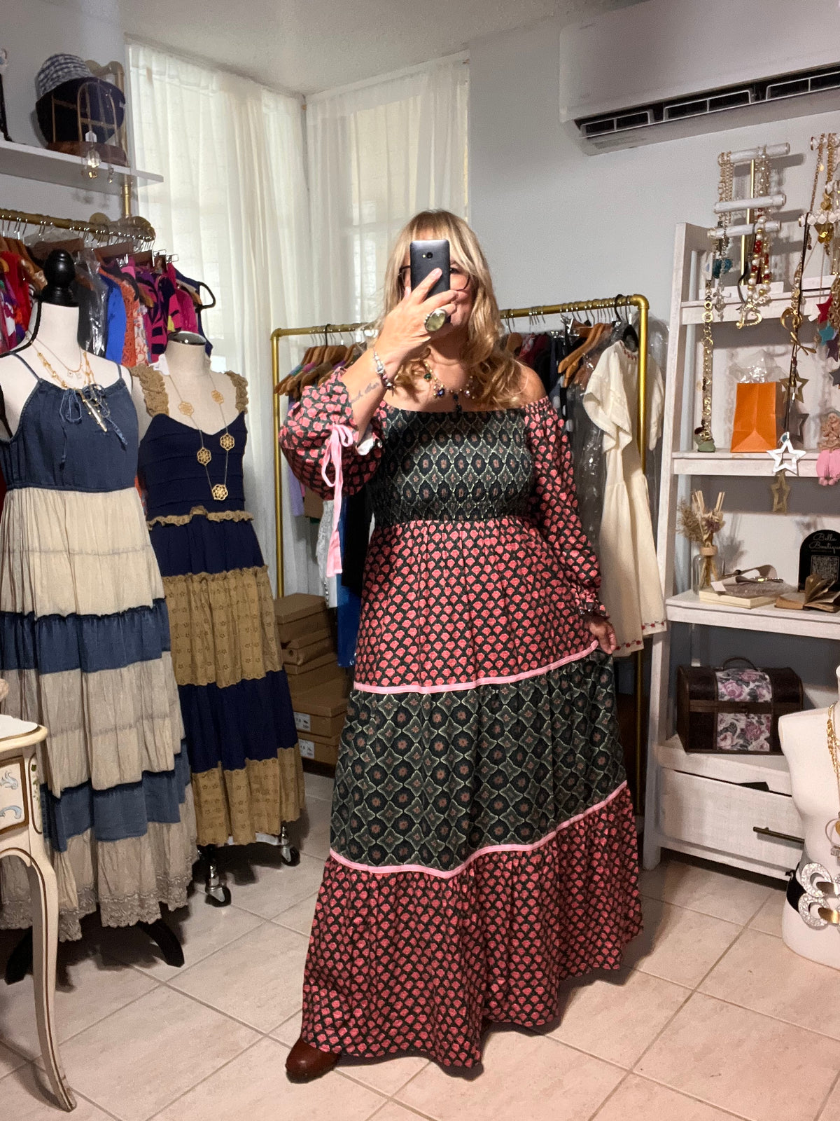 Boho Chic Mixed Pattern Color Clock 3/4 Sleeve Maxi Dress