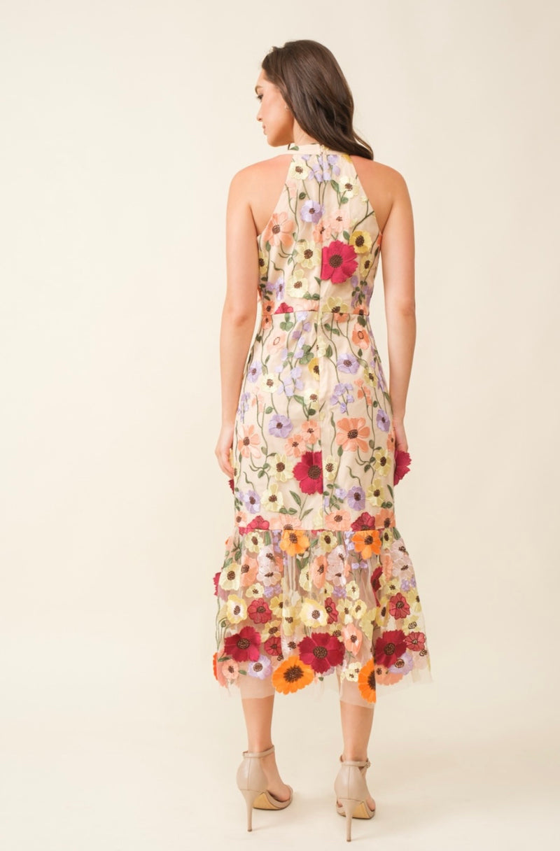 Hi Neck 3D Floral Midi Dress - Bellasbylola.com