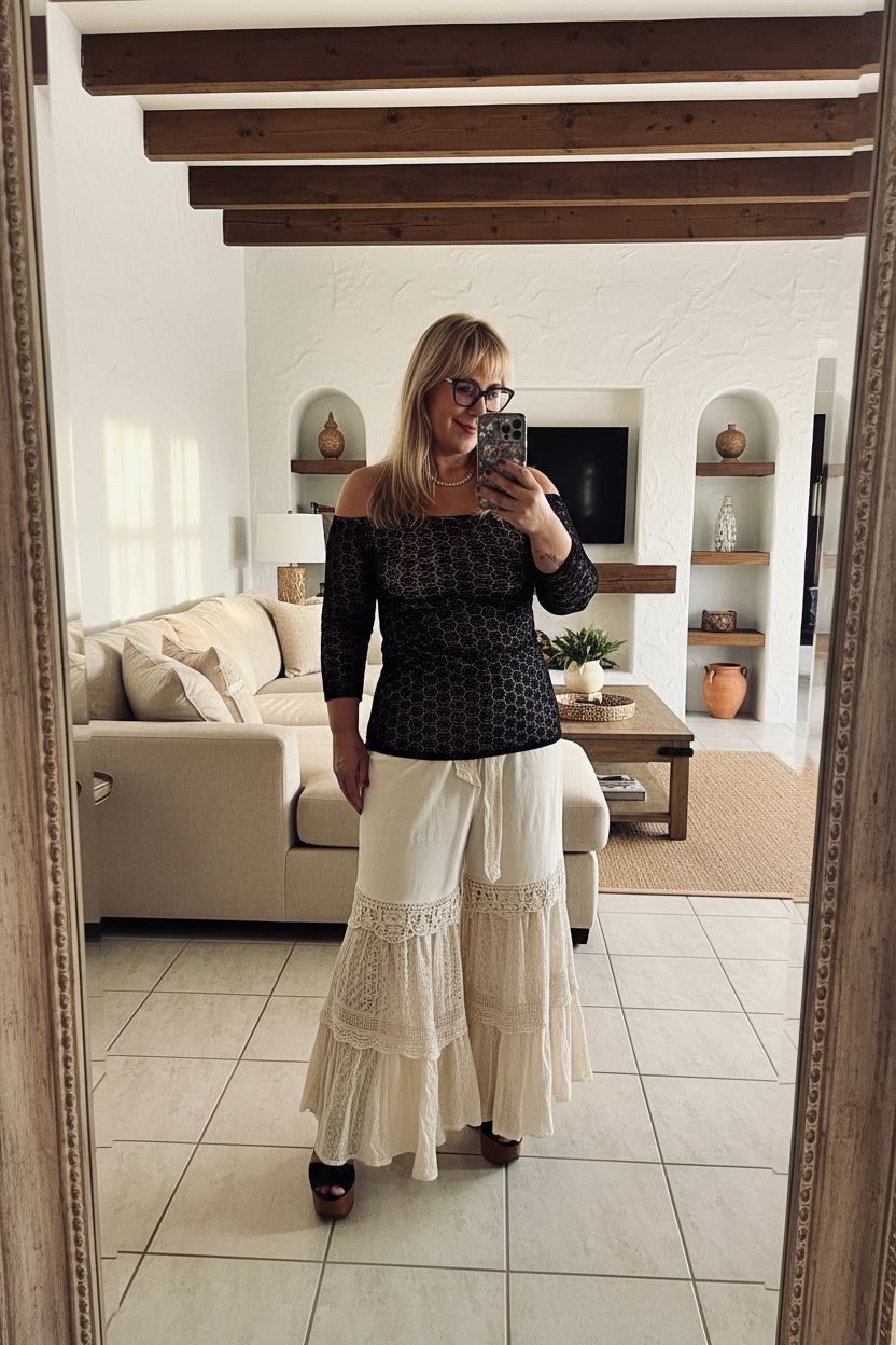 Boho Chic Desert Dream Wide Leg Pants with Knit & Lace - True to Size