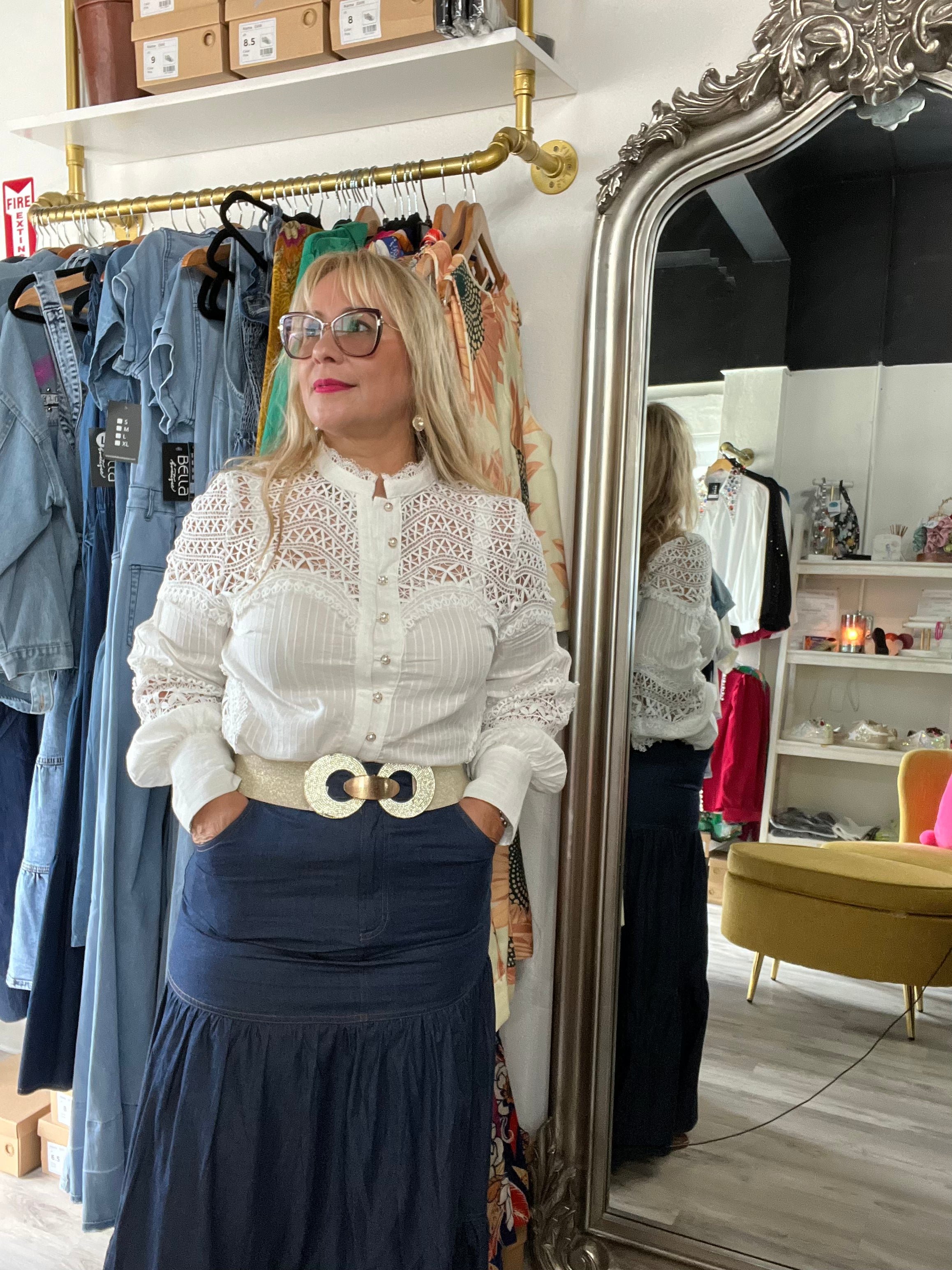 Luxurious White Lace Blouse: Elegant Long Sleeve Button-Down with Delicate Details - Bella Boutique & Bellasbylola.com