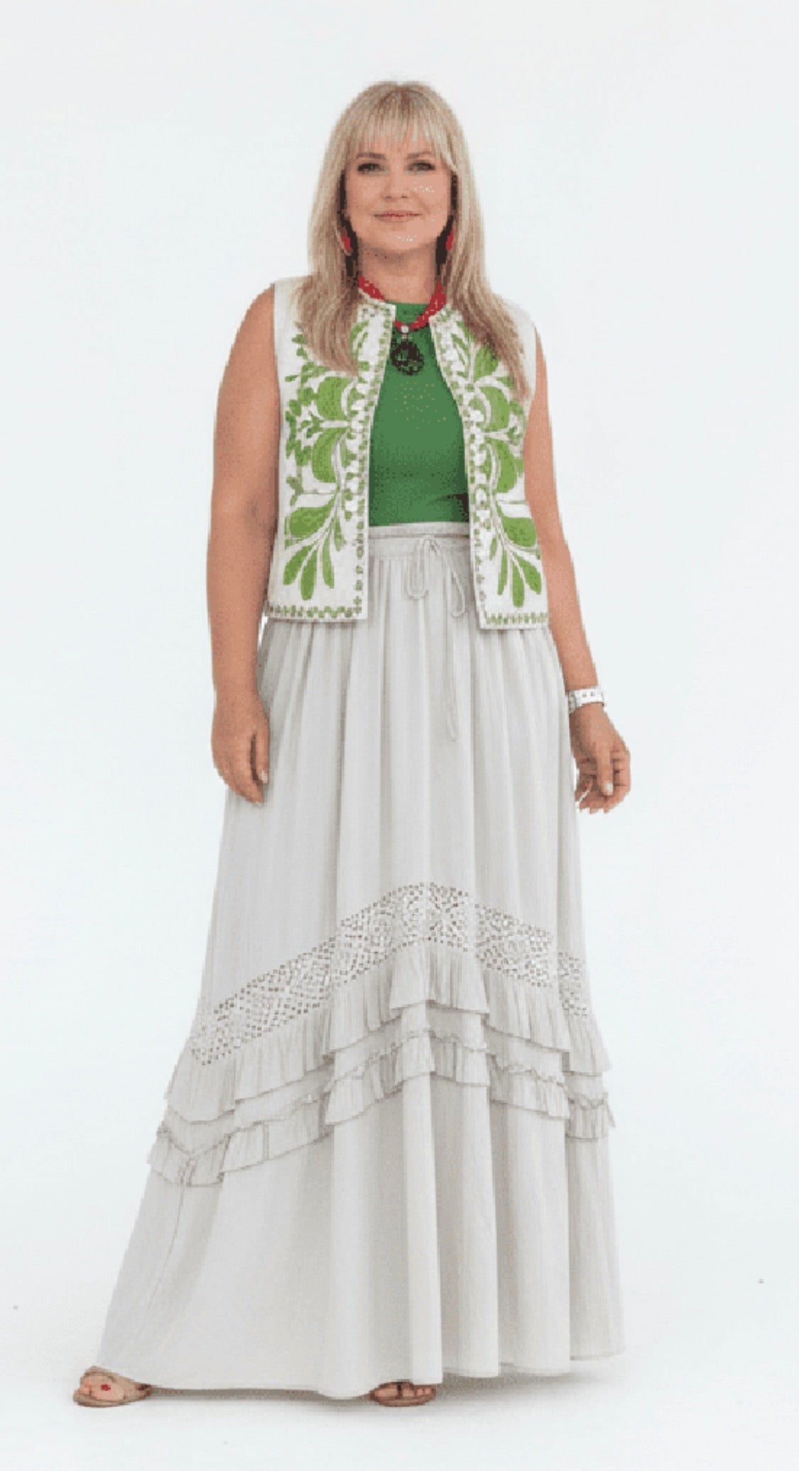 Sage Tiered Ruffle Maxi Skirt with Crochet Lace Trim and Pockets