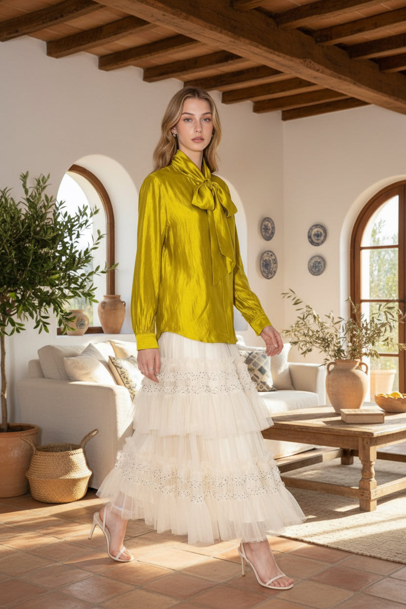 Chartreuse Tie Neck Satin Long Sleeve Premium Blouse -PREORDER